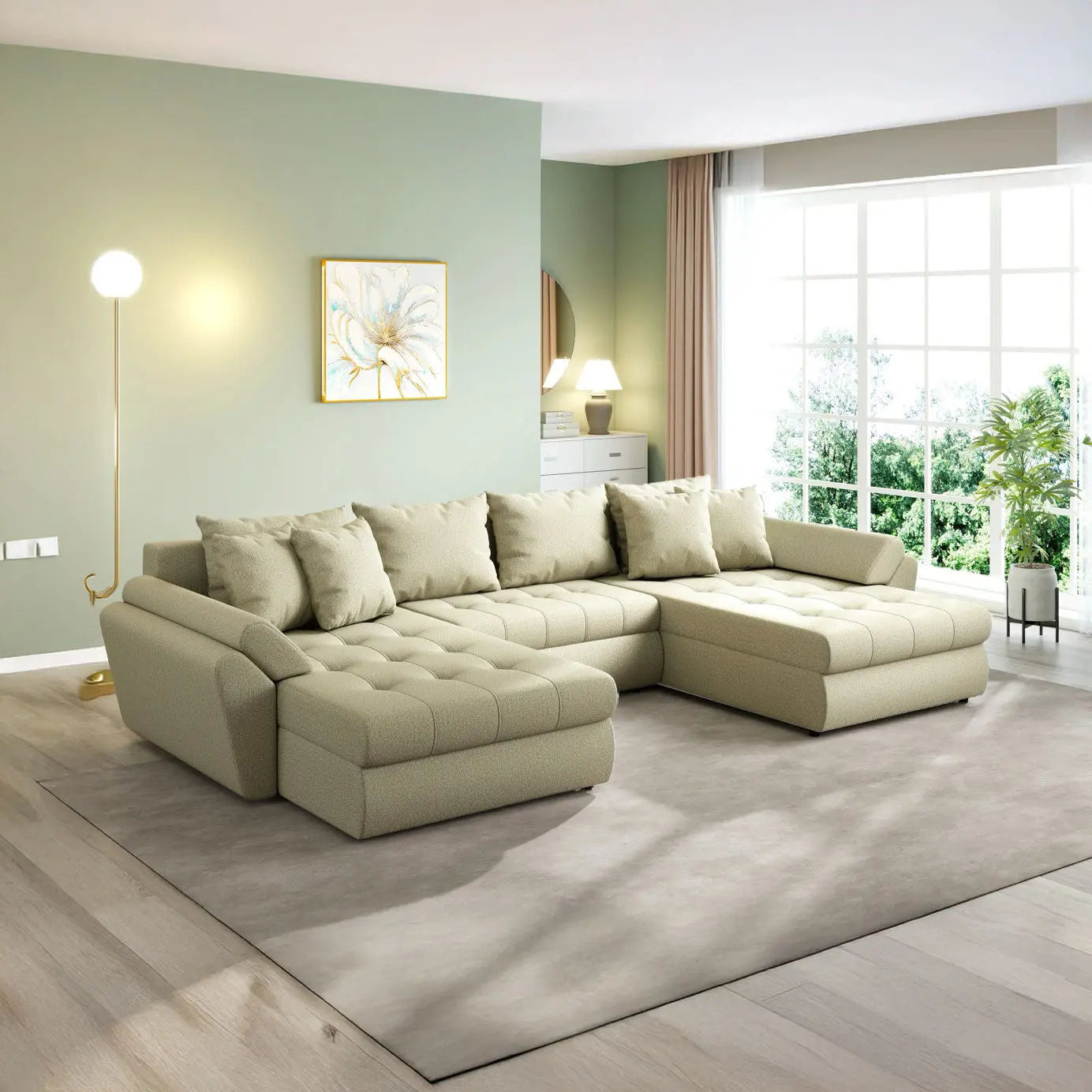 Colțar extensibil dumonde cu ladă de depozitare si sezut confortabil din spuma HR, Loana U Enjoy Camel 355x185 cm Fabrica