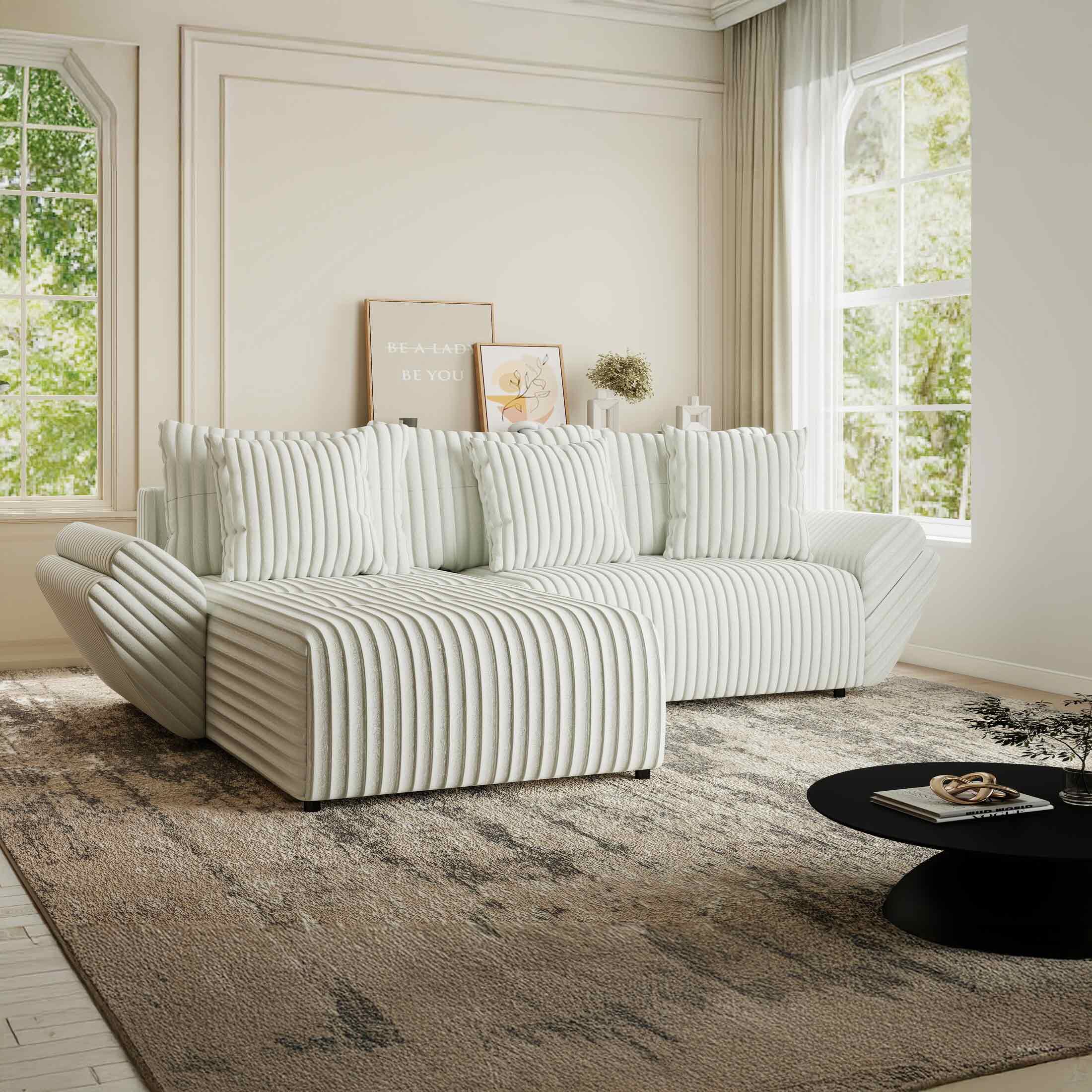 Colțar extensibil dumonde cu ladă de depozitare si sezut confortabil din spuma HR, Berlin Ambience Alb 280x185 cm