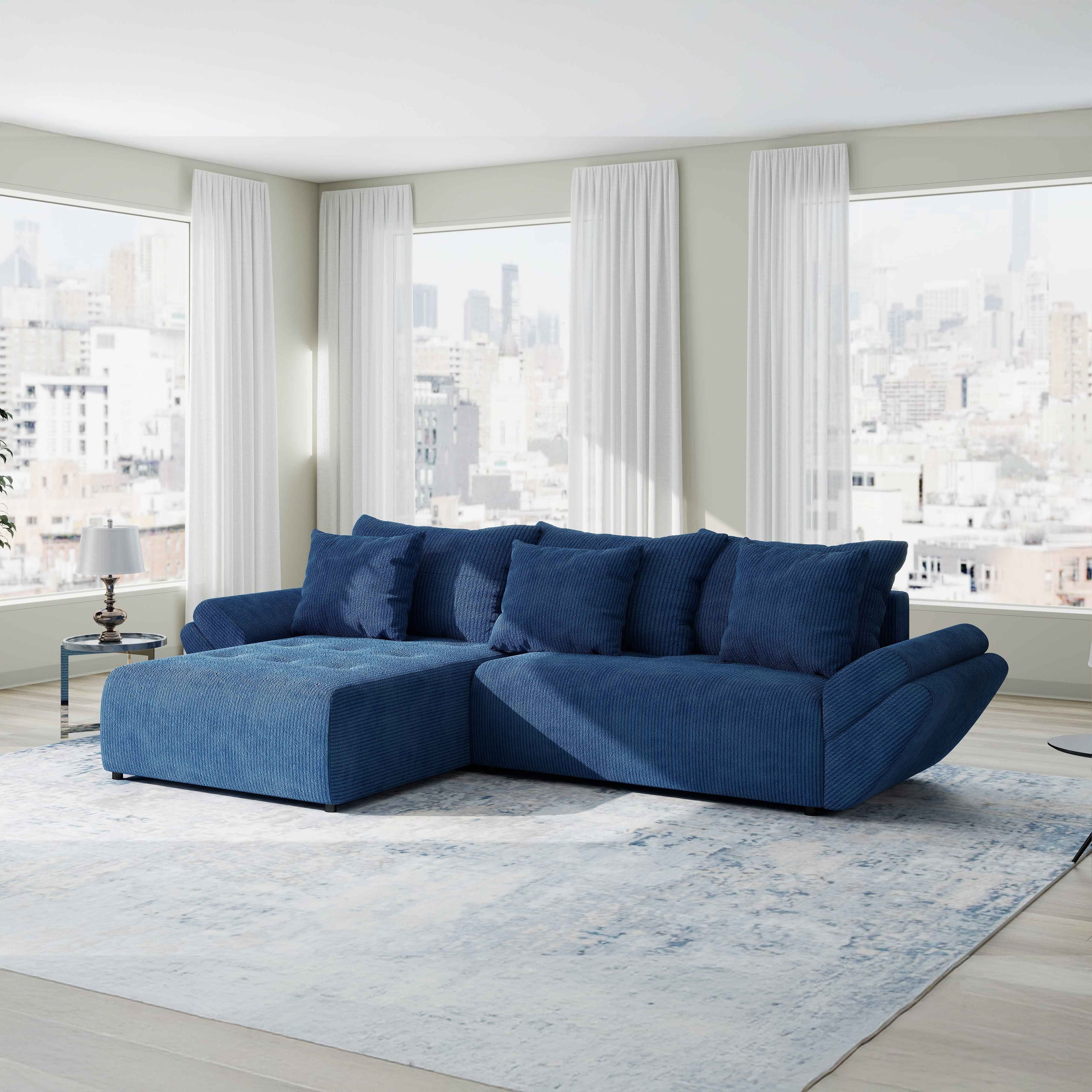 Colțar extensibil dumonde cu ladă de depozitare si sezut confortabil din spuma HR, Berlin Zoom Albastru 280x185 cm