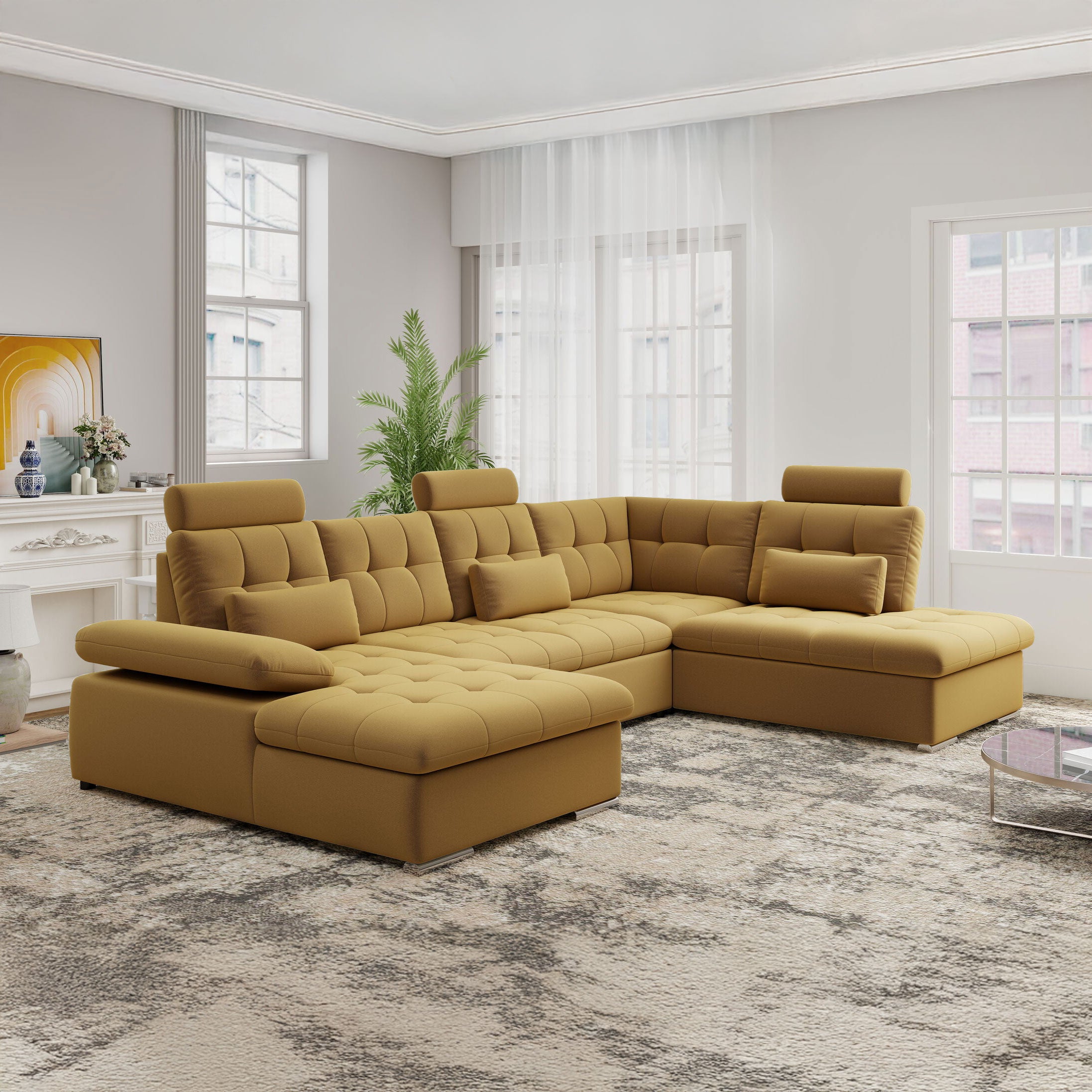 Colțar extensibil dumonde cu ladă de depozitare și șezut confortabil din spumă HR, Merkur U Royal Mustar 324x218 cm