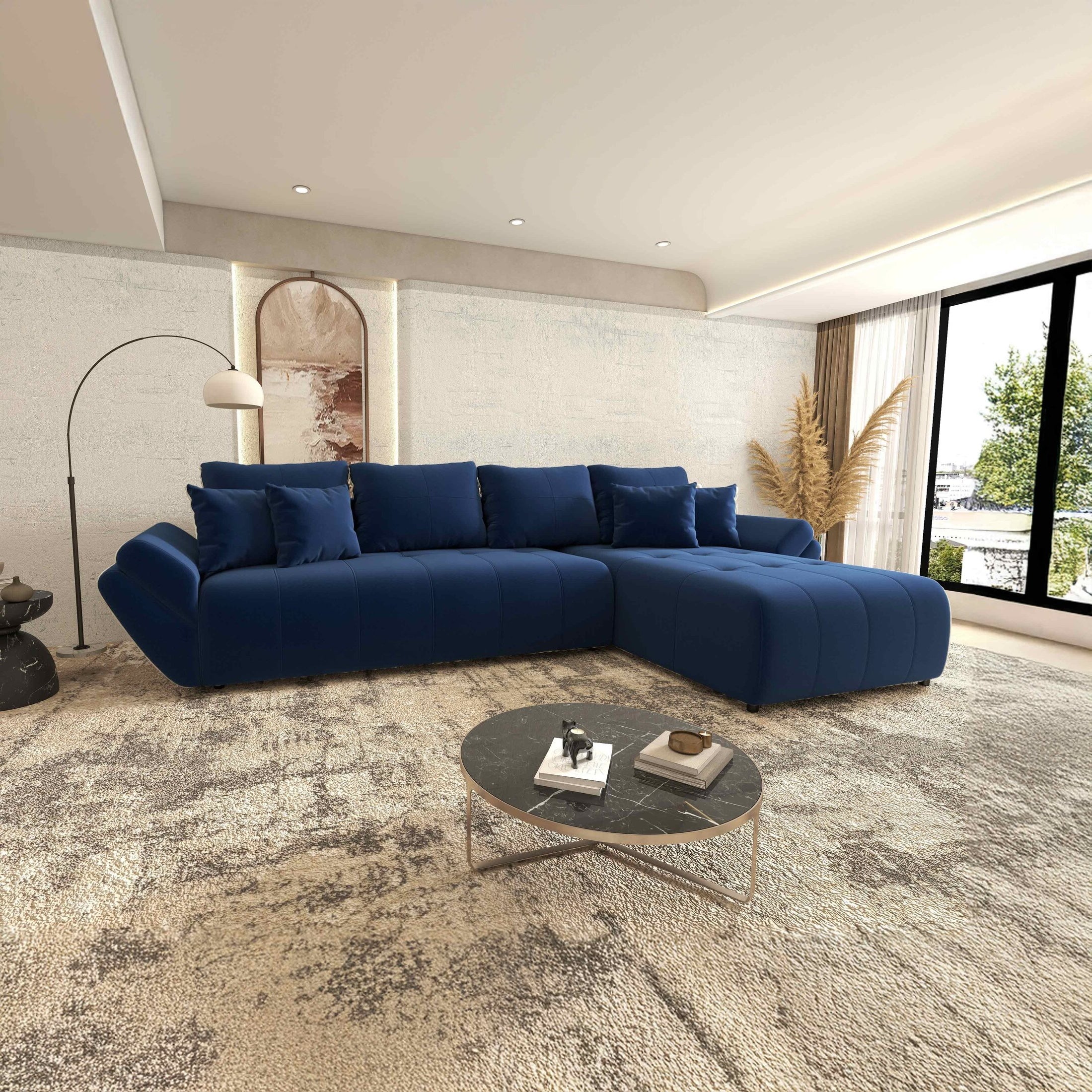 Colțar extensibil dumonde cu ladă de depozitare si sezut confortabil din spuma HR, Berlin XL Royal Albastru 350x185 cm II