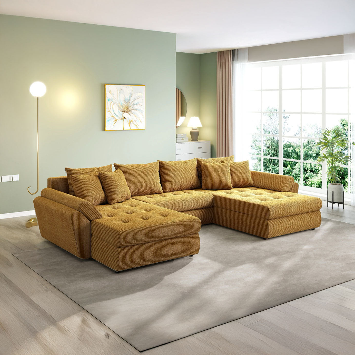 Colțar extensibil dumonde cu ladă de depozitare si sezut confortabil din spuma HR, Loana U Zoom Mustar 355x185 cm