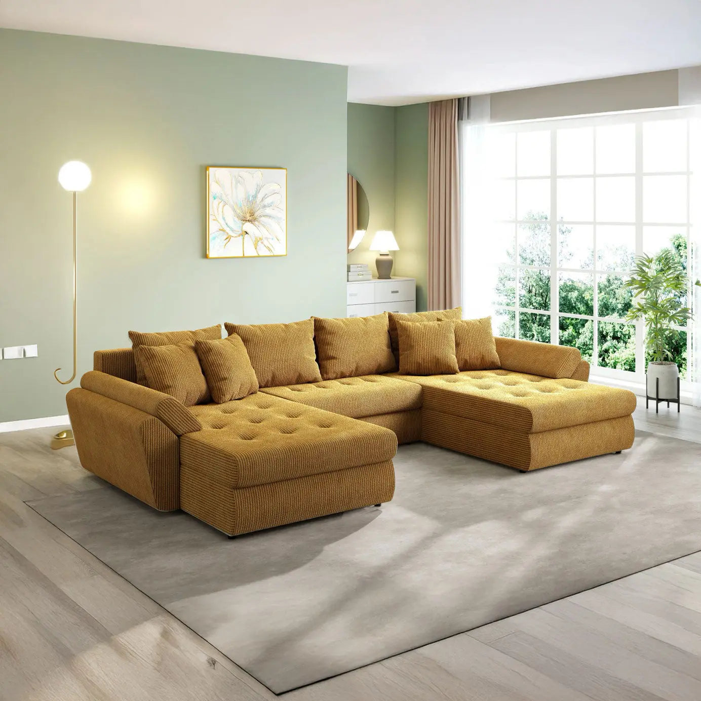 Colțar extensibil dumonde cu ladă de depozitare si sezut confortabil din spuma HR, Loana U Zoom Mustar 355x185 cm Fabrica