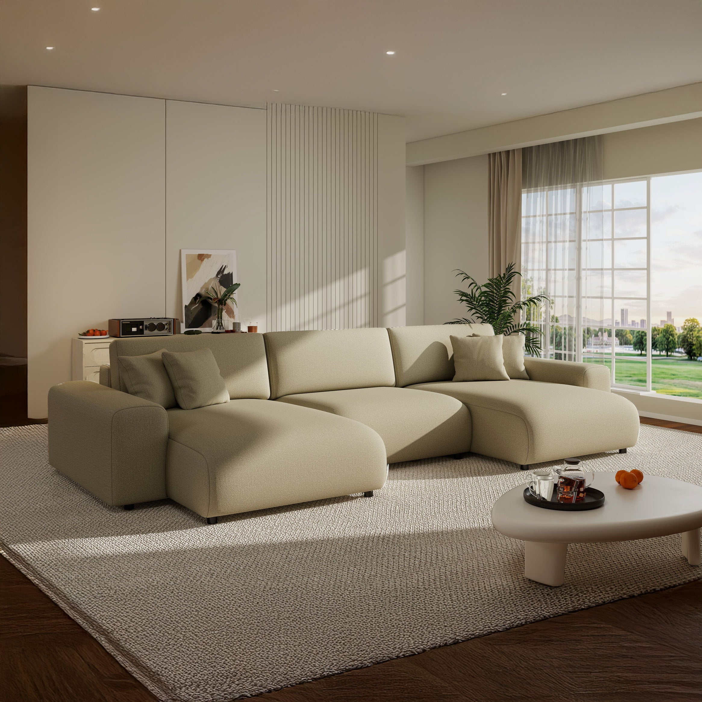 Colțar extensibil dumonde cu ladă de depozitare si sezut confortabil din spuma HR, Sarina U Enjoy Bej 350x168 cm