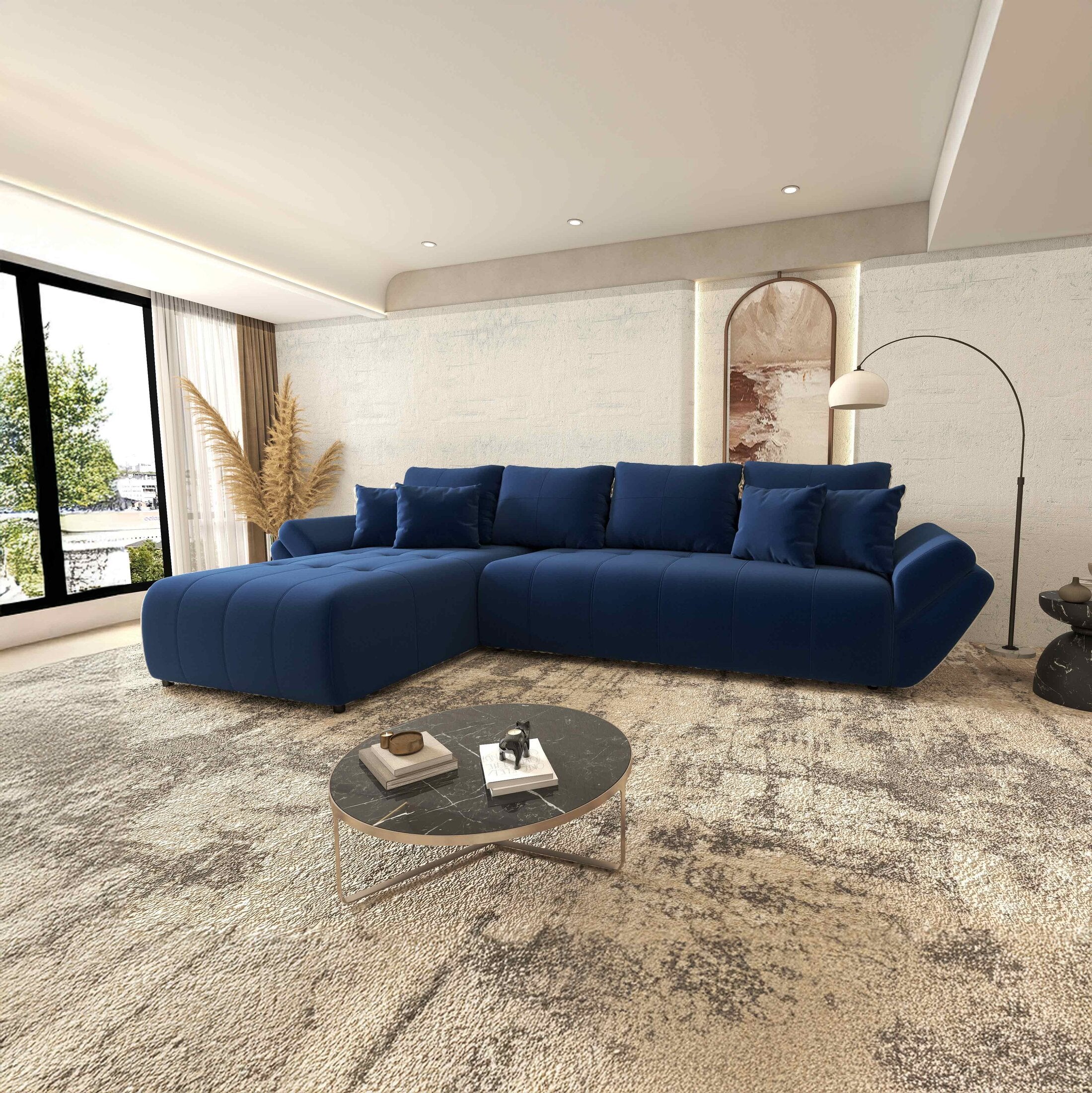 Colțar extensibil dumonde cu ladă de depozitare si sezut confortabil din spuma HR, Berlin XL Royal Albastru 350x185 cm