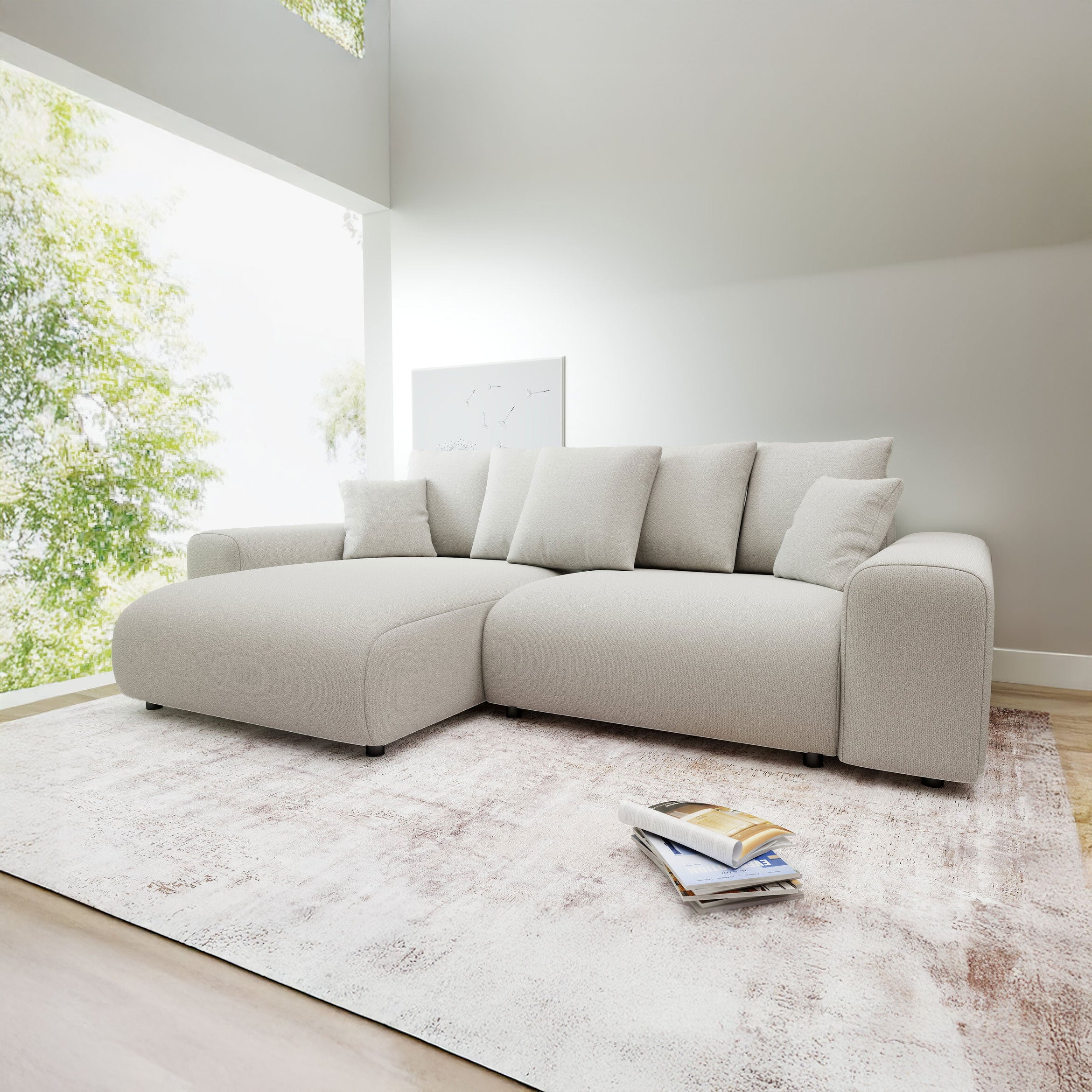 Colțar extensibil dumonde cu ladă de depozitare și șezut confortabil din spumă HR, Luma Enjoy Bej 255x168 cm