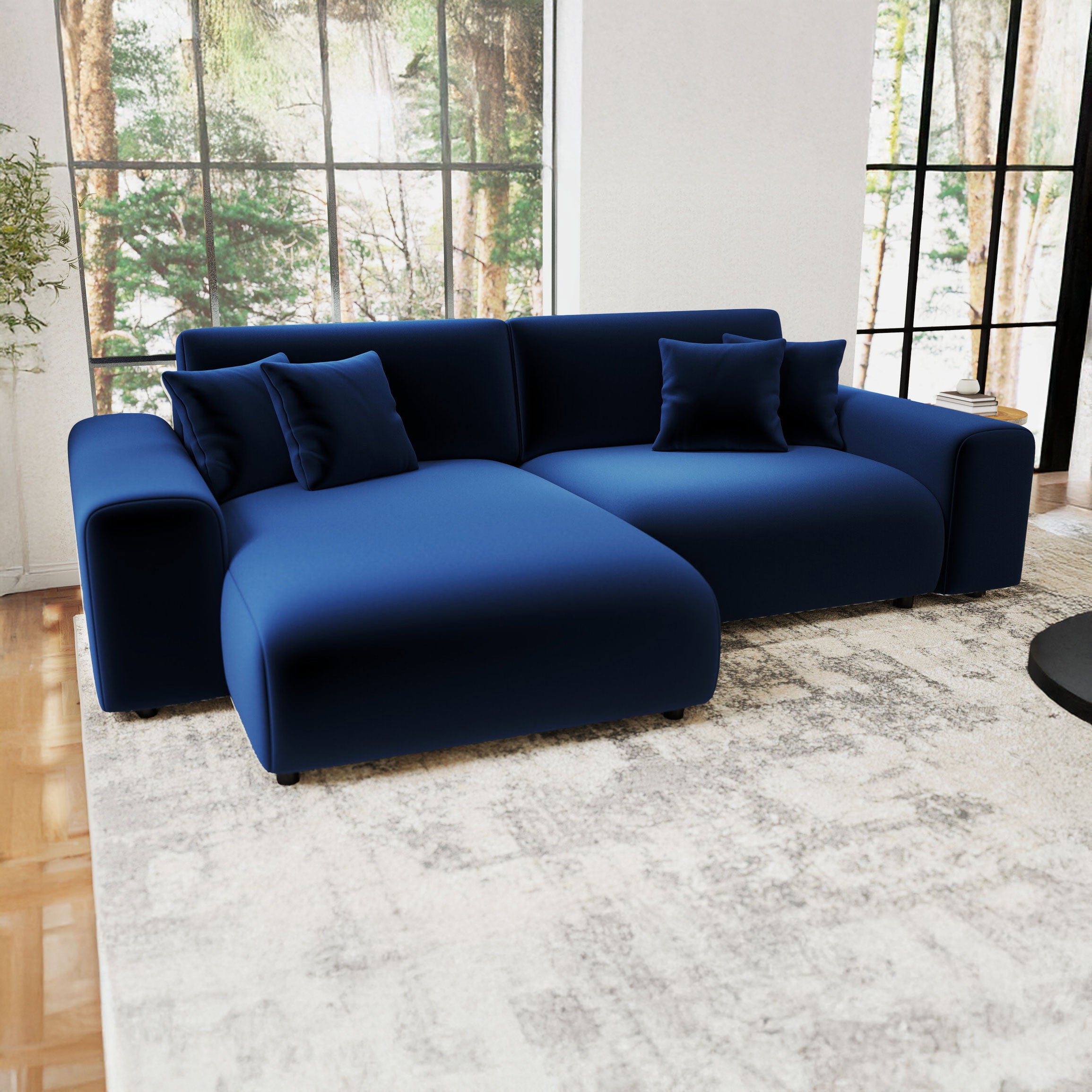 Colțar extensibil dumonde cu ladă de depozitare si sezut confortabil din spuma HR, Sarina Royal Albastru Navy 255x168 cm
