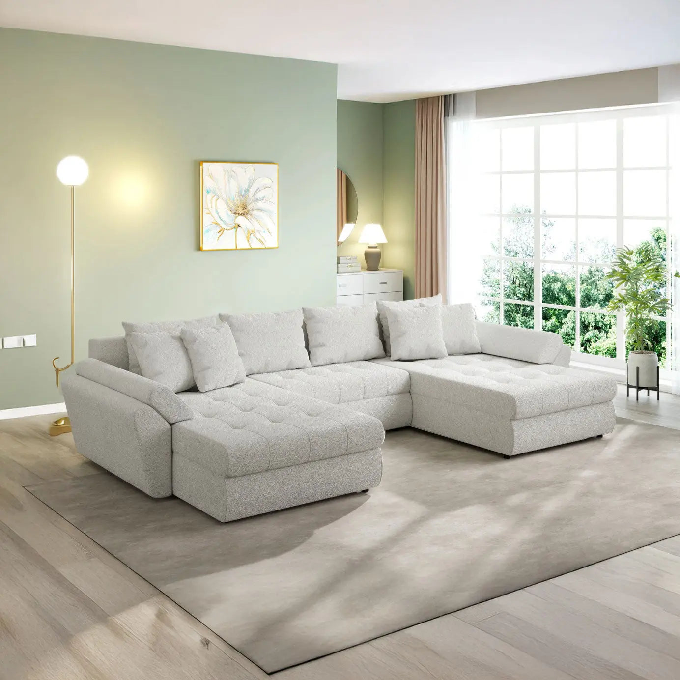 Colțar extensibil dumonde cu ladă de depozitare si sezut confortabil din spuma HR, Loana U Euphoria Ivory 355x185 cm Fabrica