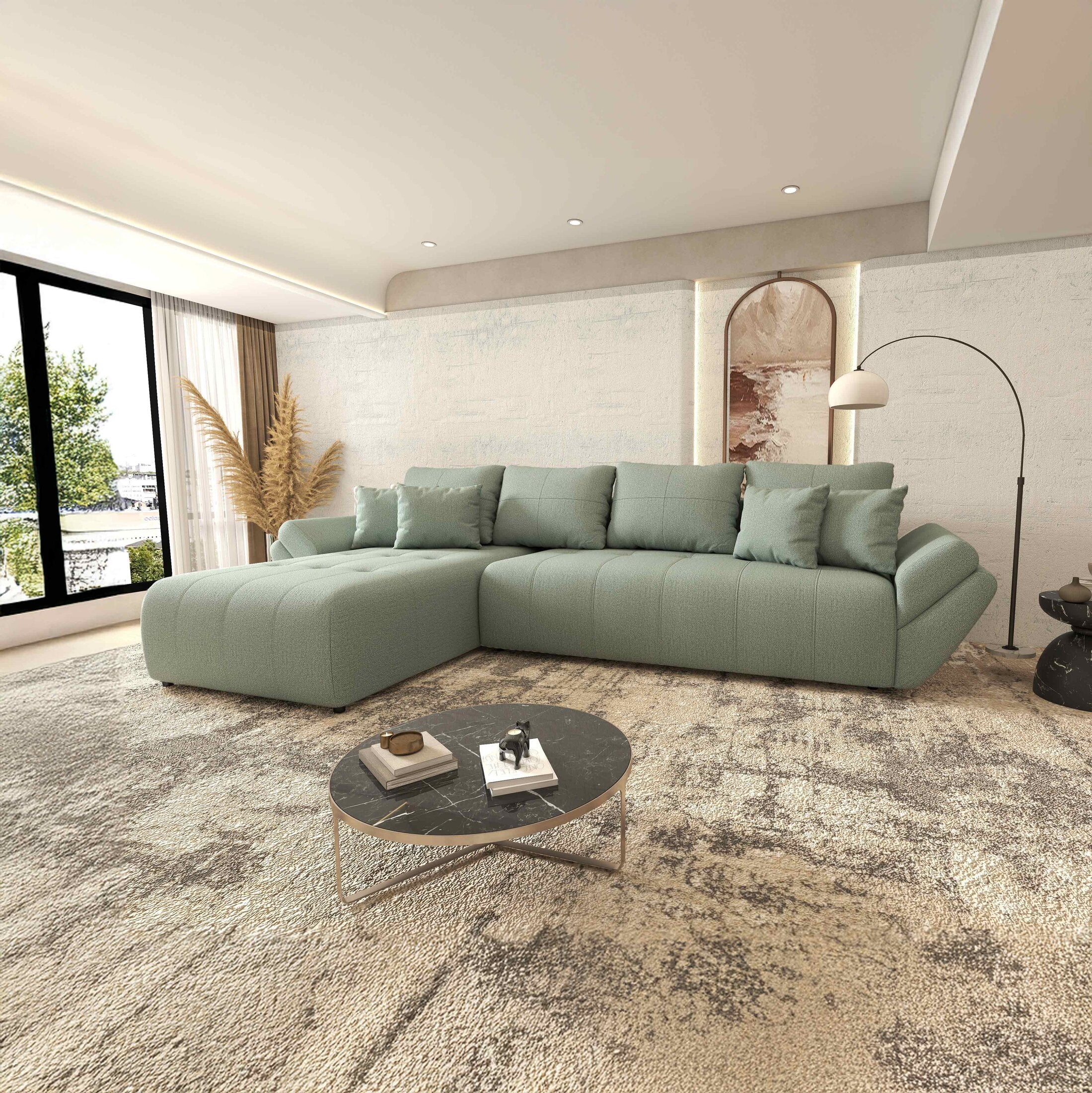 Colțar extensibil dumonde cu ladă de depozitare si sezut confortabil din spuma HR, Berlin XL Enjoy Mint 350x185 cm