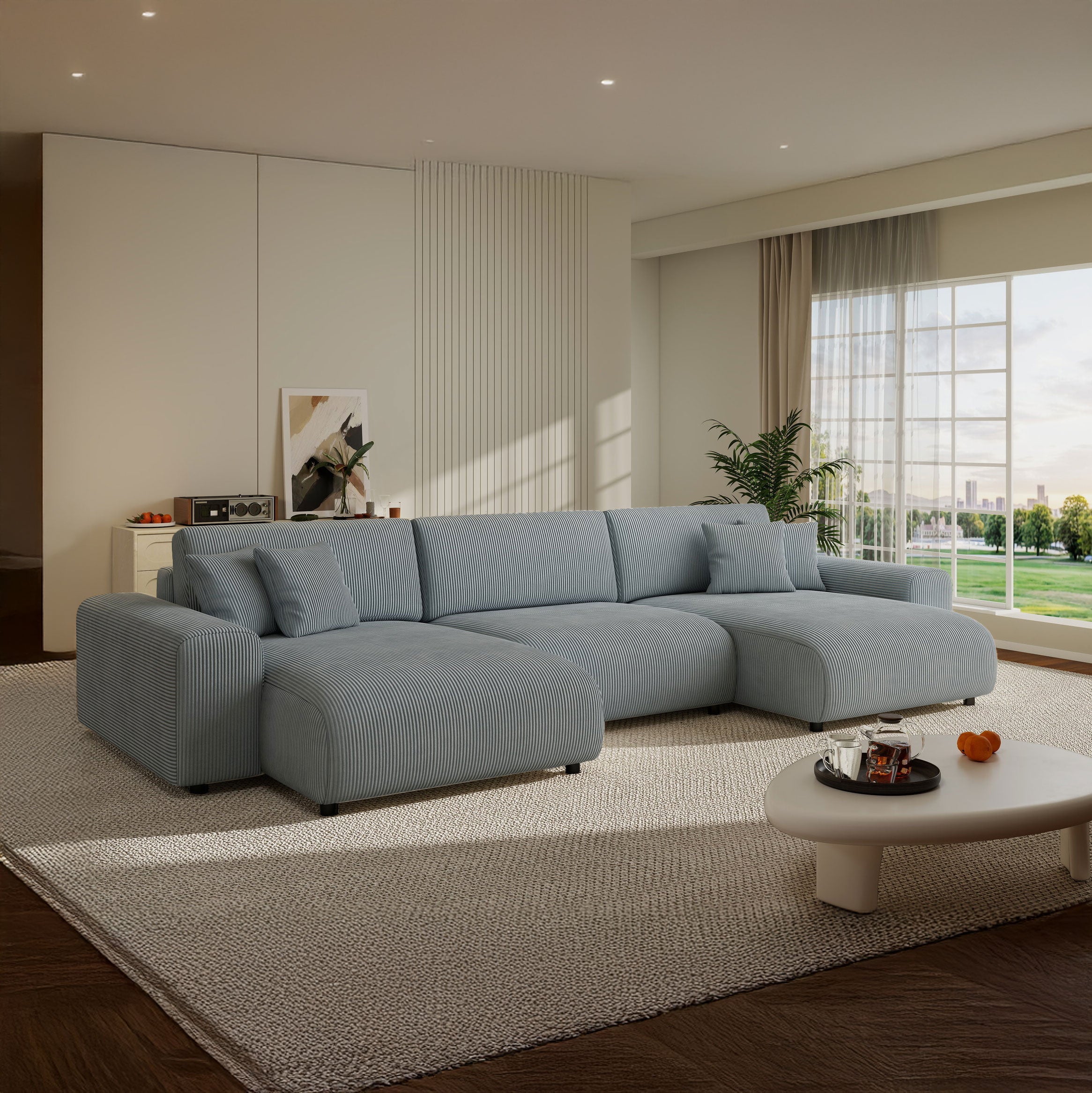 Colțar extensibil dumonde cu ladă de depozitare si sezut confortabil din spuma HR, Sarina U Zoom Gri Mint 350x168 cm