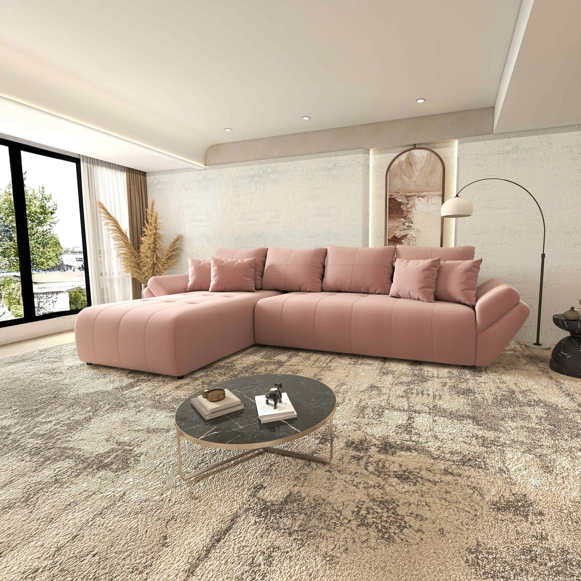 Colțar extensibil dumonde cu ladă de depozitare si sezut confortabil din spuma HR, Berlin XL Royal Roz 350x185 cm