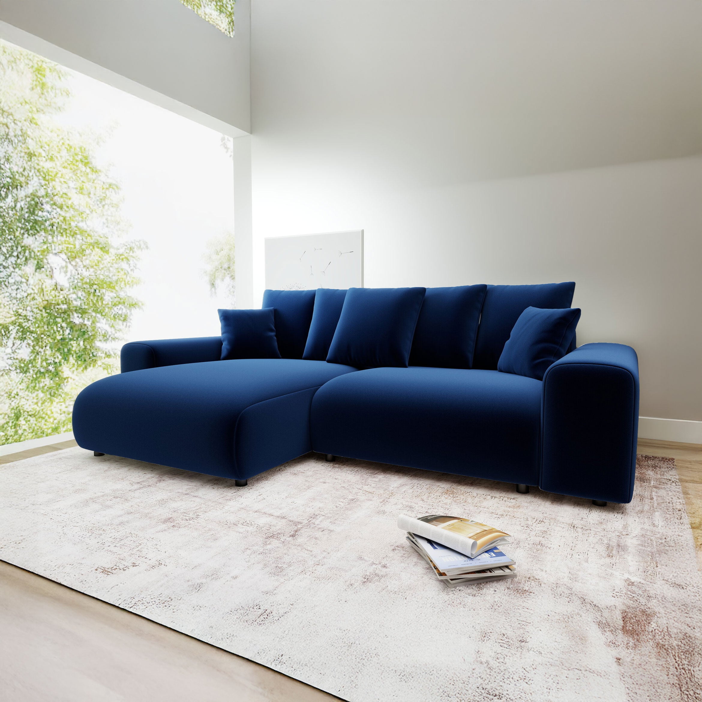 Colțar extensibil dumonde cu ladă de depozitare și șezut confortabil din spumă HR, Luma Royal Albastru Navy 255x168 cm