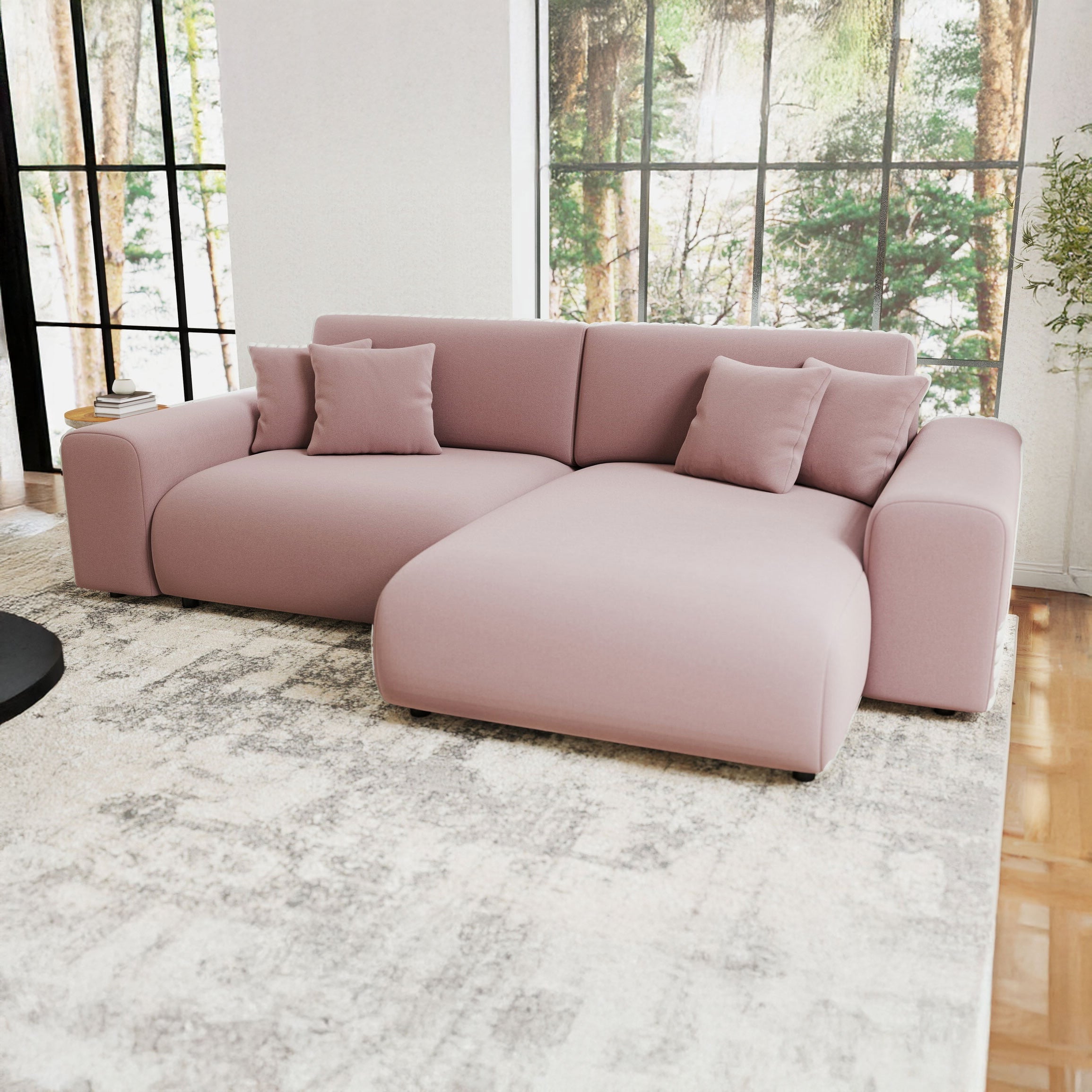 Colțar extensibil dumonde cu ladă de depozitare si sezut confortabil din spuma HR, Sarina Royal Roz 255x168 cm II