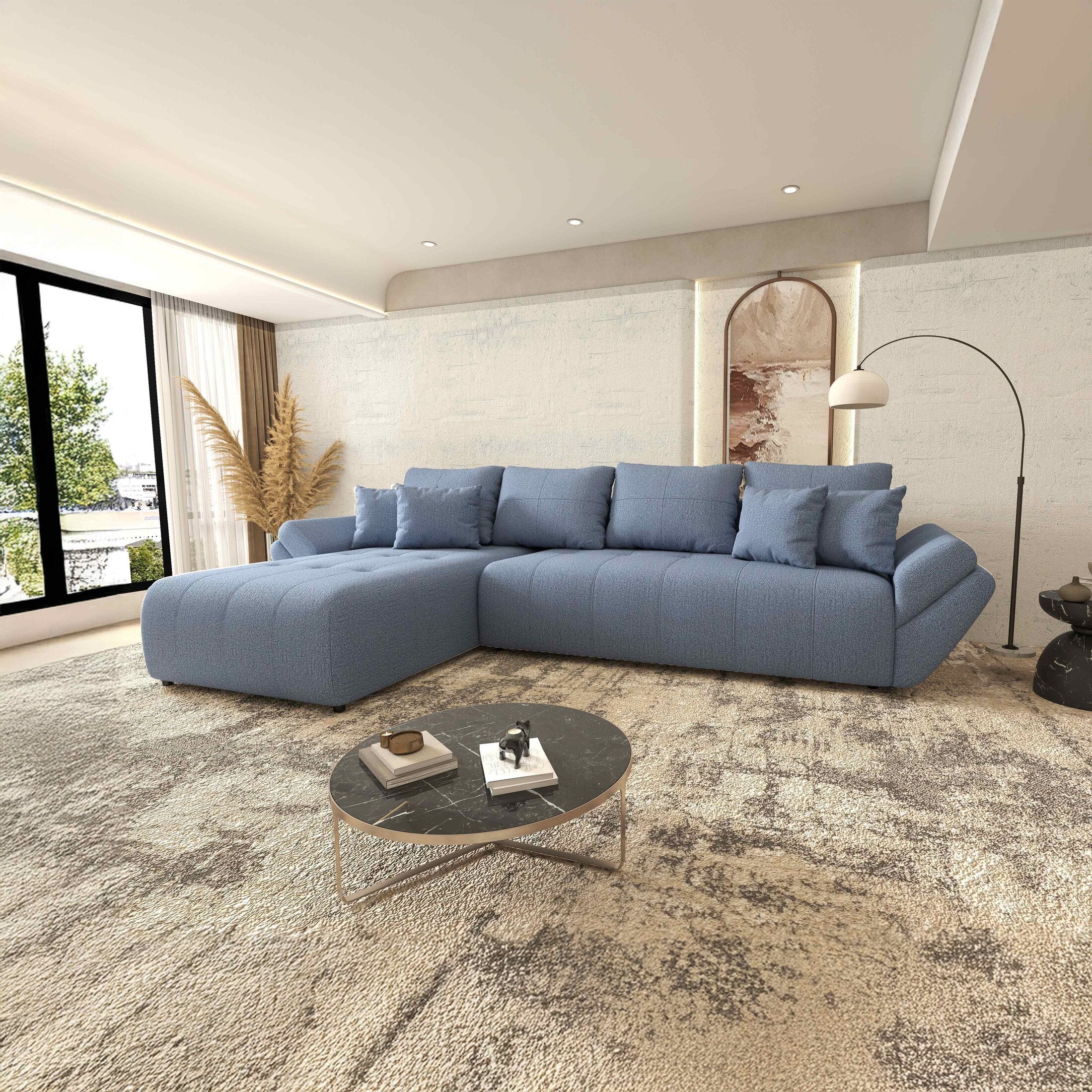 Colțar extensibil dumonde cu ladă de depozitare si sezut confortabil din spuma HR, Berlin XL Enjoy Blue 350x185 cm