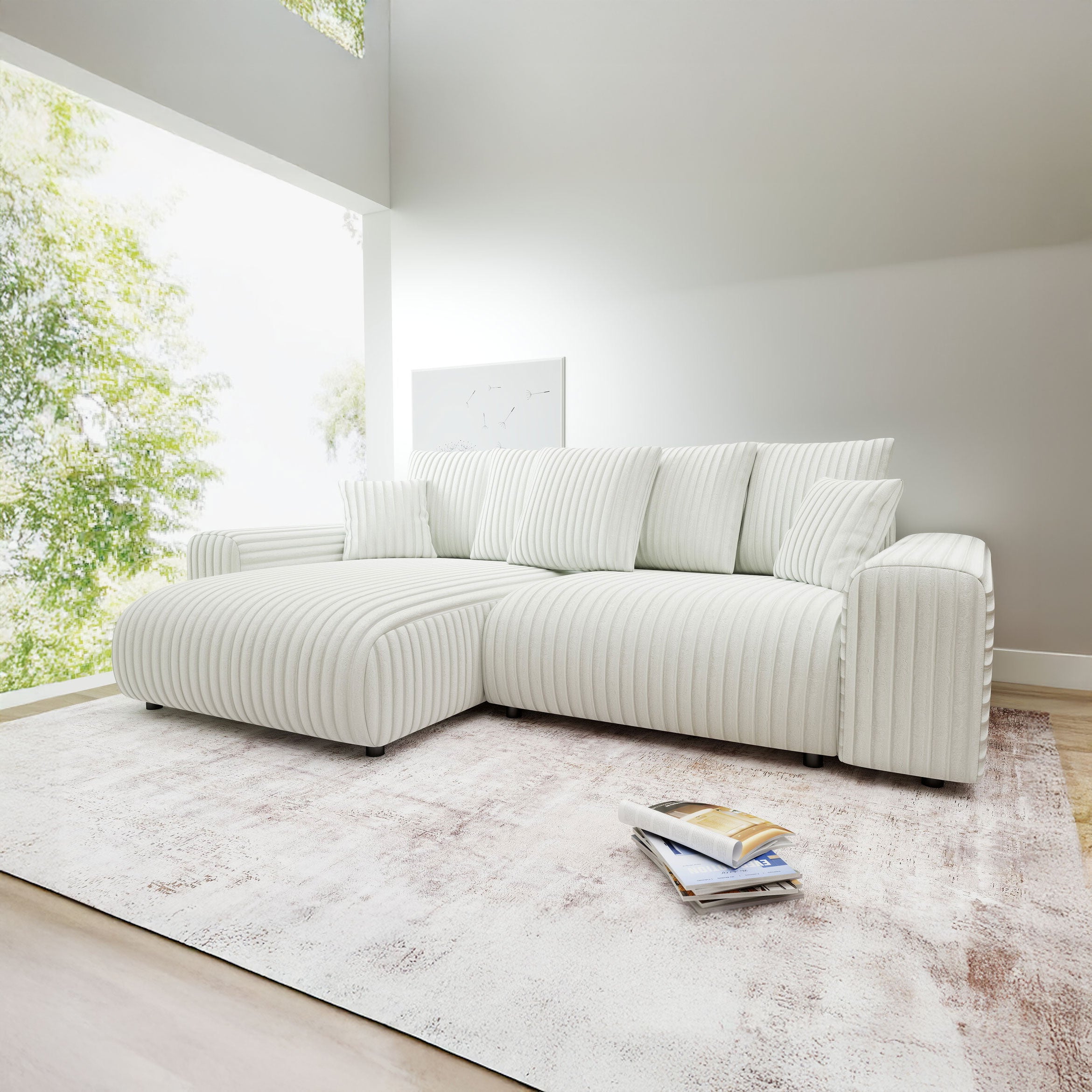 Colțar extensibil dumonde cu ladă de depozitare și șezut confortabil din spumă HR, Luma Ambience Alb 255x168 cm