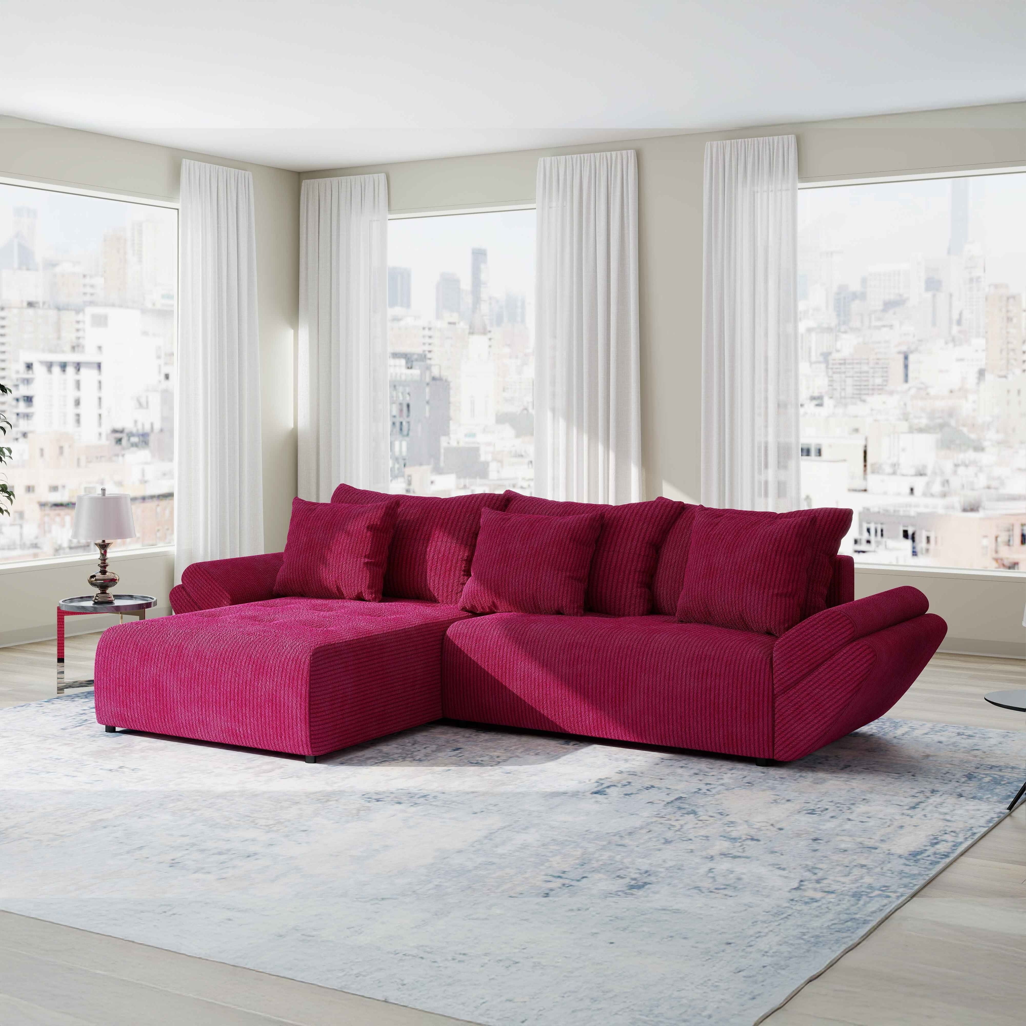 Colțar extensibil dumonde cu ladă de depozitare si sezut confortabil din spuma HR, Berlin Zoom Rosu 280x185 cm