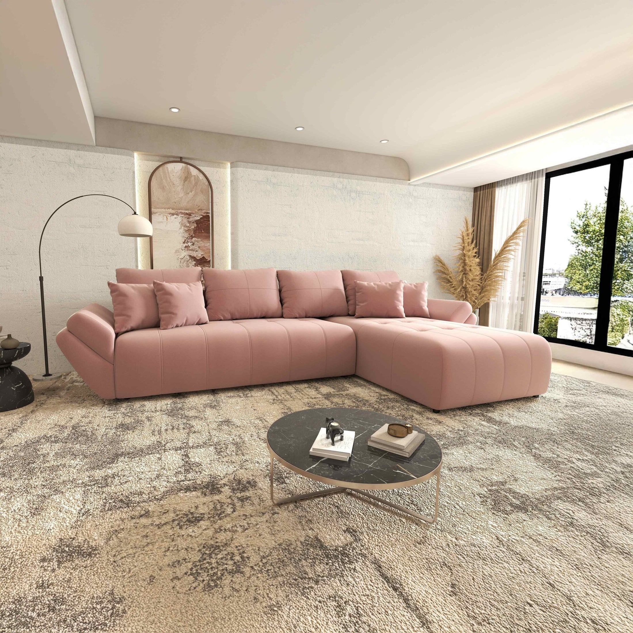 Colțar extensibil dumonde cu ladă de depozitare si sezut confortabil din spuma HR, Berlin XL Royal Roz 350x185 cm II