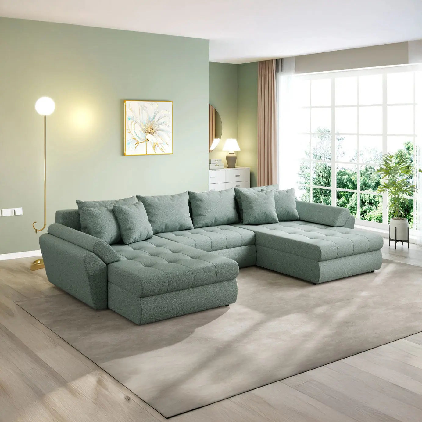 Colțar extensibil dumonde cu ladă de depozitare si sezut confortabil din spuma HR, Loana U Enjoy Mint 355x185 cm Fabrica
