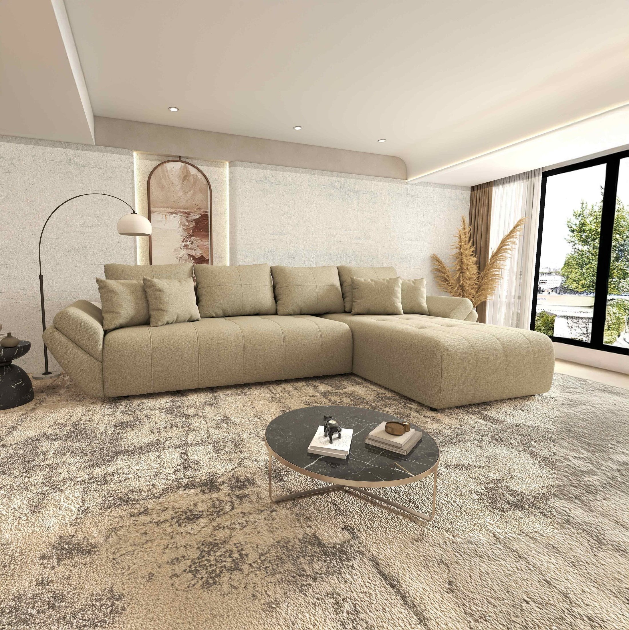 Colțar extensibil dumonde cu ladă de depozitare si sezut confortabil din spuma HR, Berlin XL Enjoy Camel 350x185 cm II