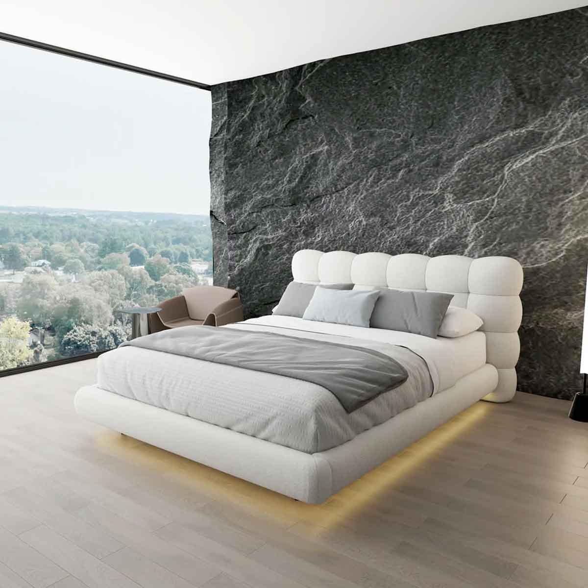Pat dormitor dumonde, tapitat alb cu LED "floating bed" Cloud 180x200 cm, somiera inclusa WLS