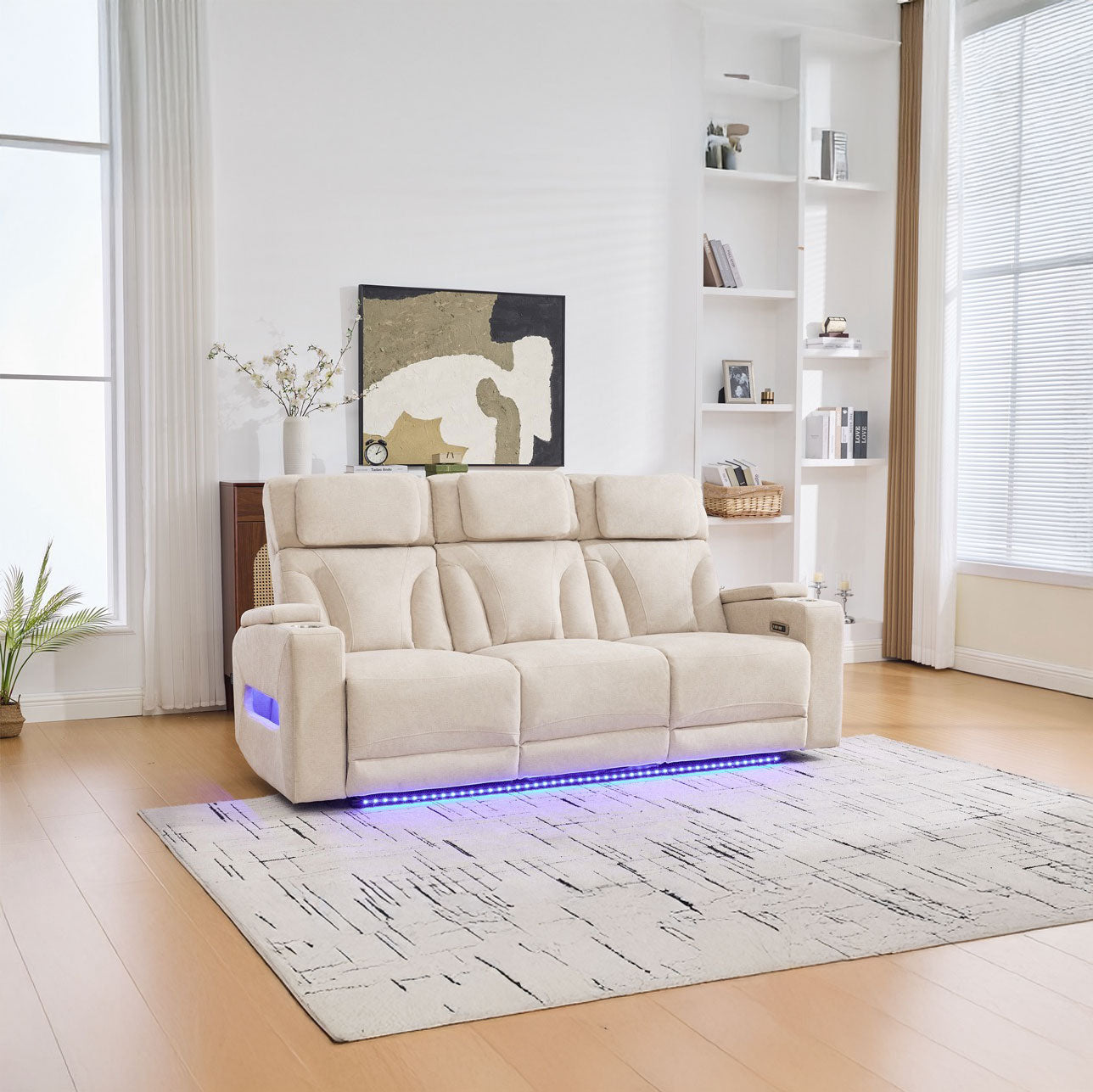 Canapea 3 locuri cu 2 reclinere electrice, masuta, USB-C, suport pahare, lumini de citire, lumini LED, Torven 216x96cm