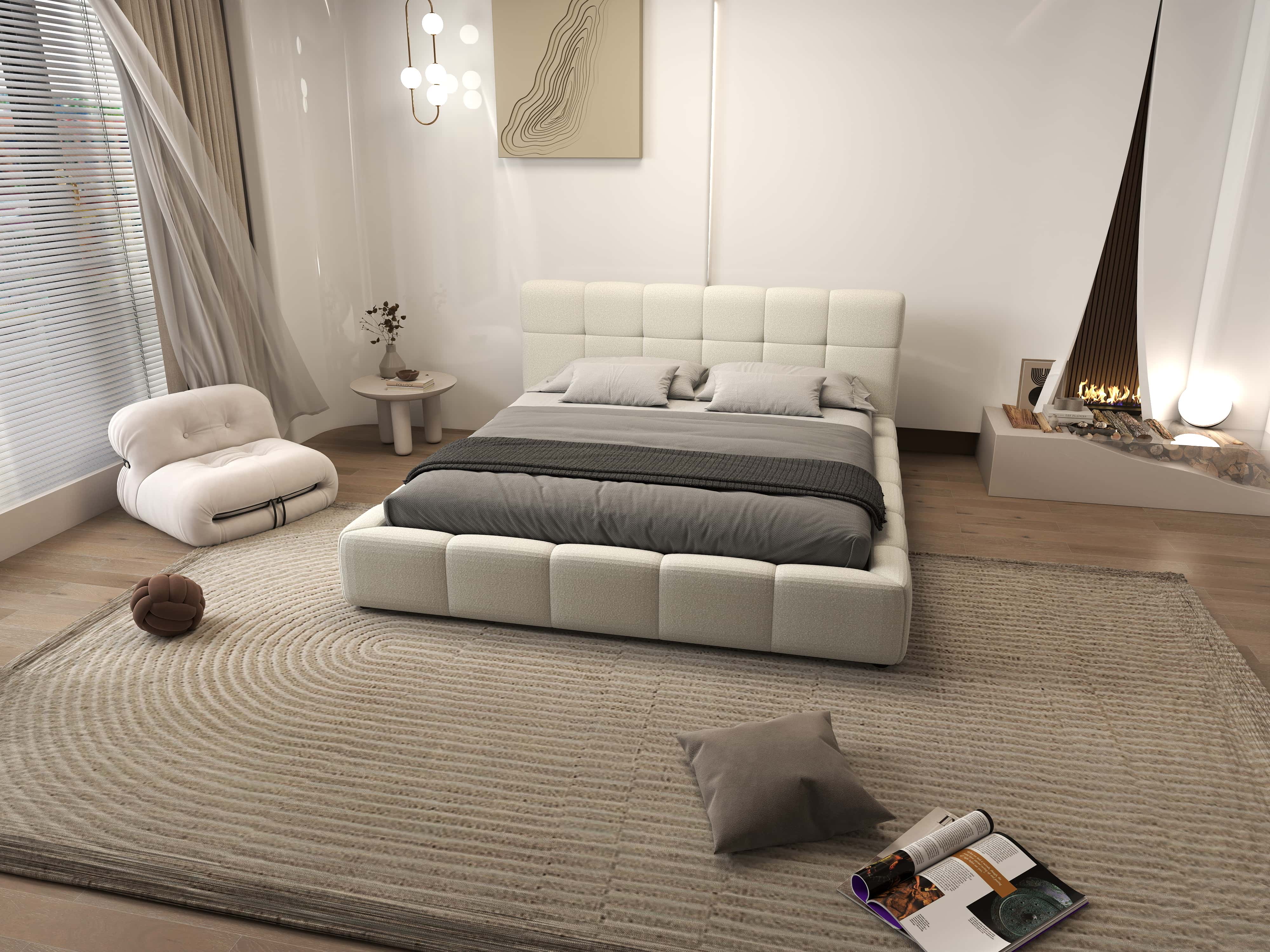 Pat dormitor dumonde, tapitat bej, Lorenzo 160x200 cm, somiera rabatabila inclusa, spatiu depozitare WLS