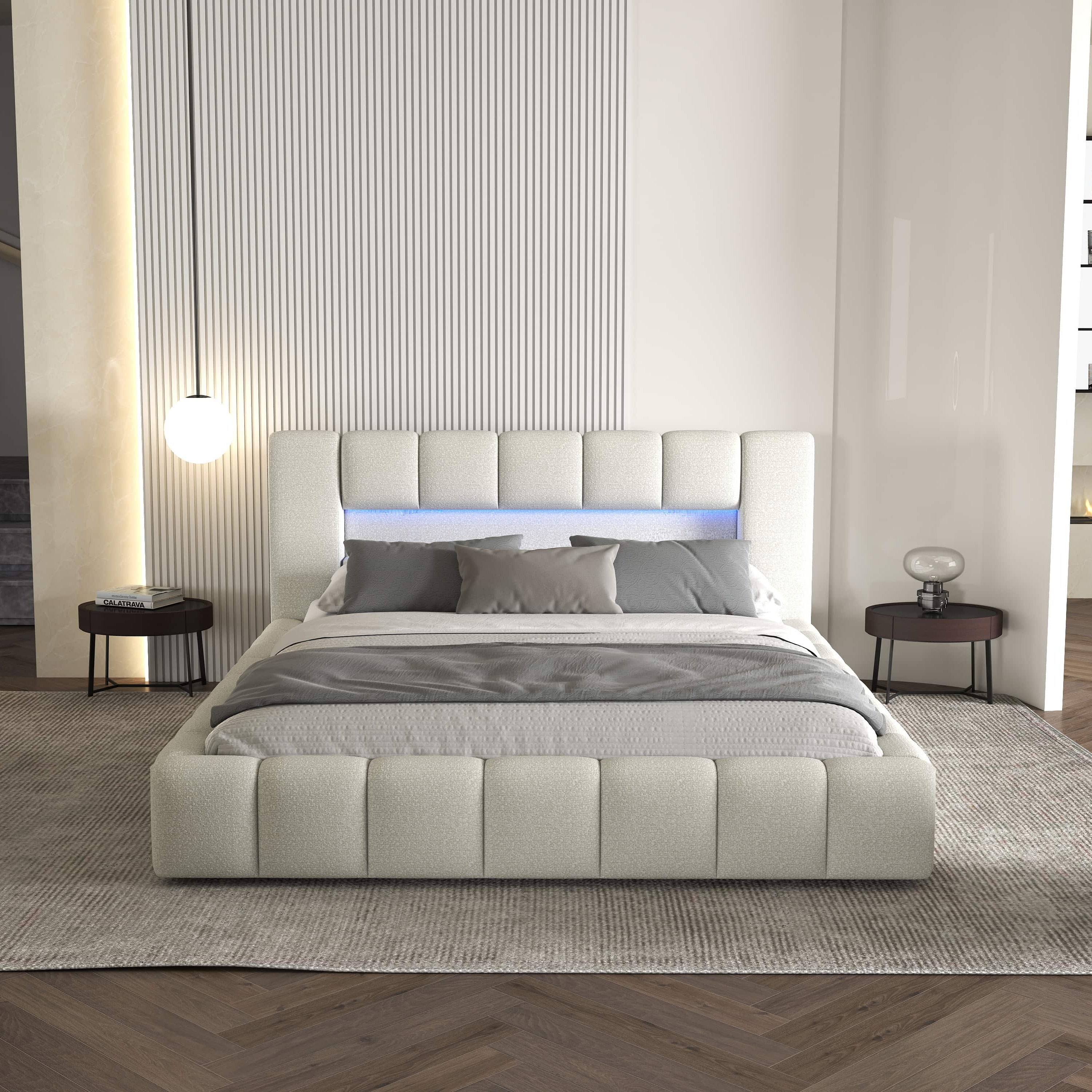 Pat dormitor dumonde, tapitat bej cu LED si USB, Palermo 160x200 cm, somiera rabatabila inclusa, spatiu depozitare WLS