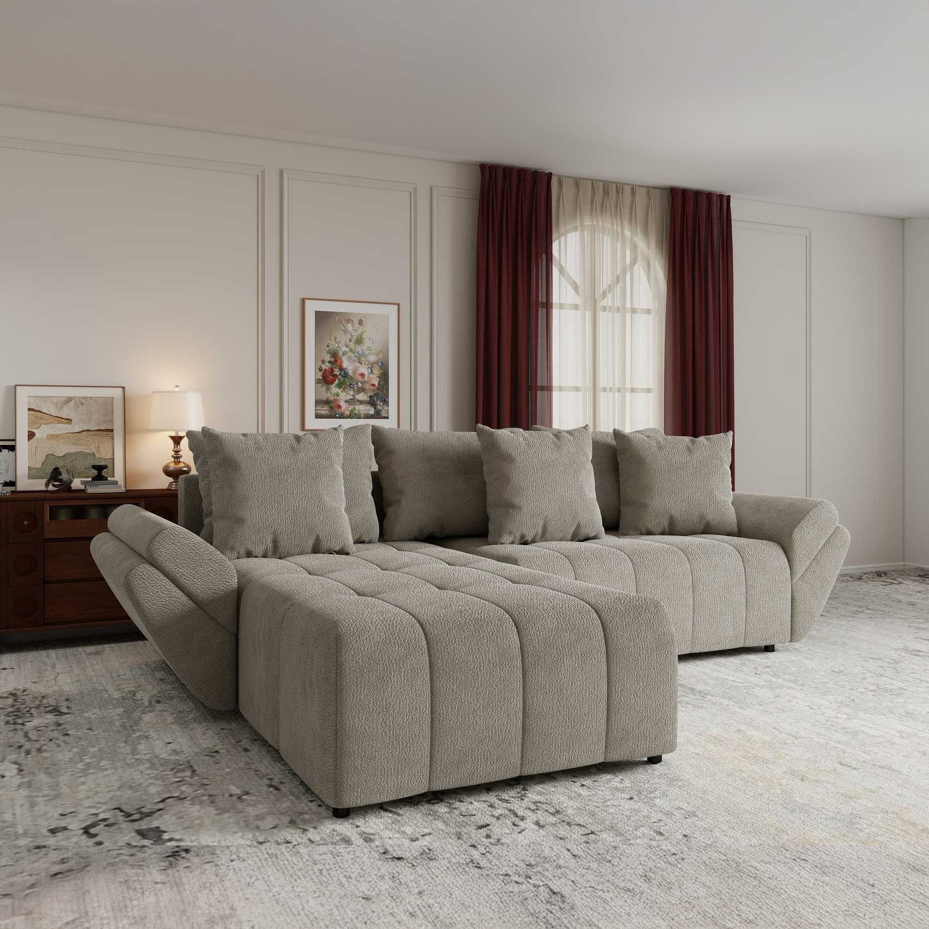 Colțar extensibil dumonde cu ladă de depozitare si sezut confortabil din spuma high-density, Berlin Vibe Bej 06 280x185 cm
