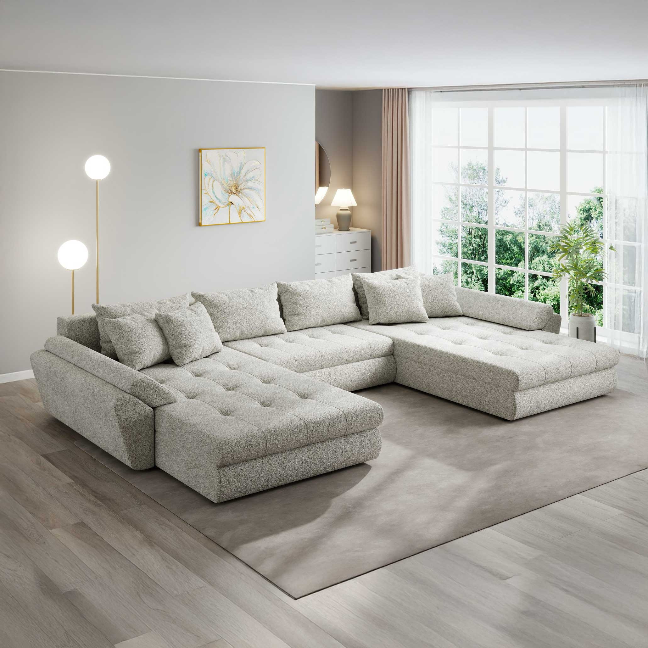 Colțar extensibil dumonde cu ladă de depozitare si sezut confortabil din spuma high-density, Loana U Arena Bej 2 355x185 cm