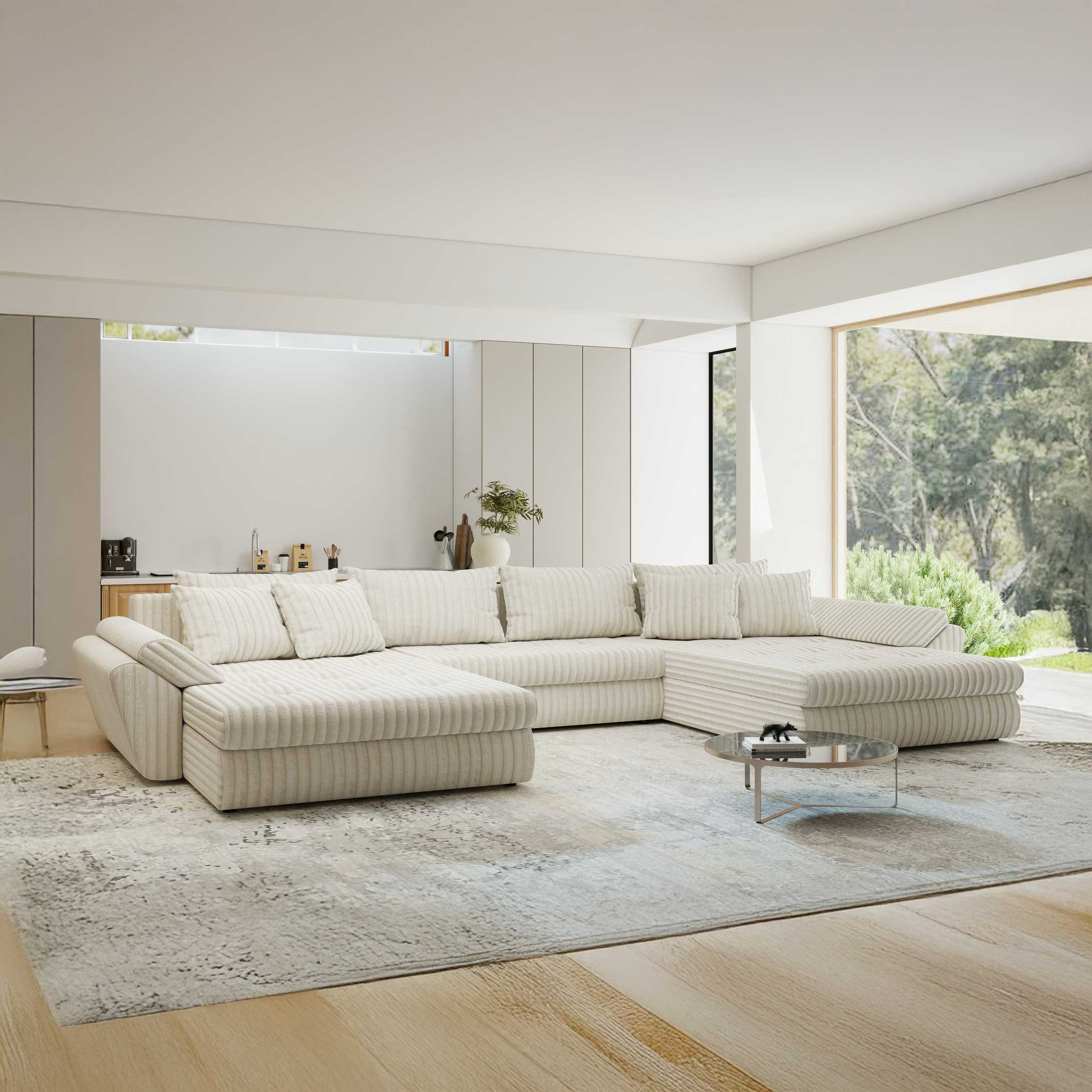 Colțar extensibil dumonde cu ladă de depozitare si sezut confortabil din spuma high-density, Loana U Tilia Bej 01 355x185 cm