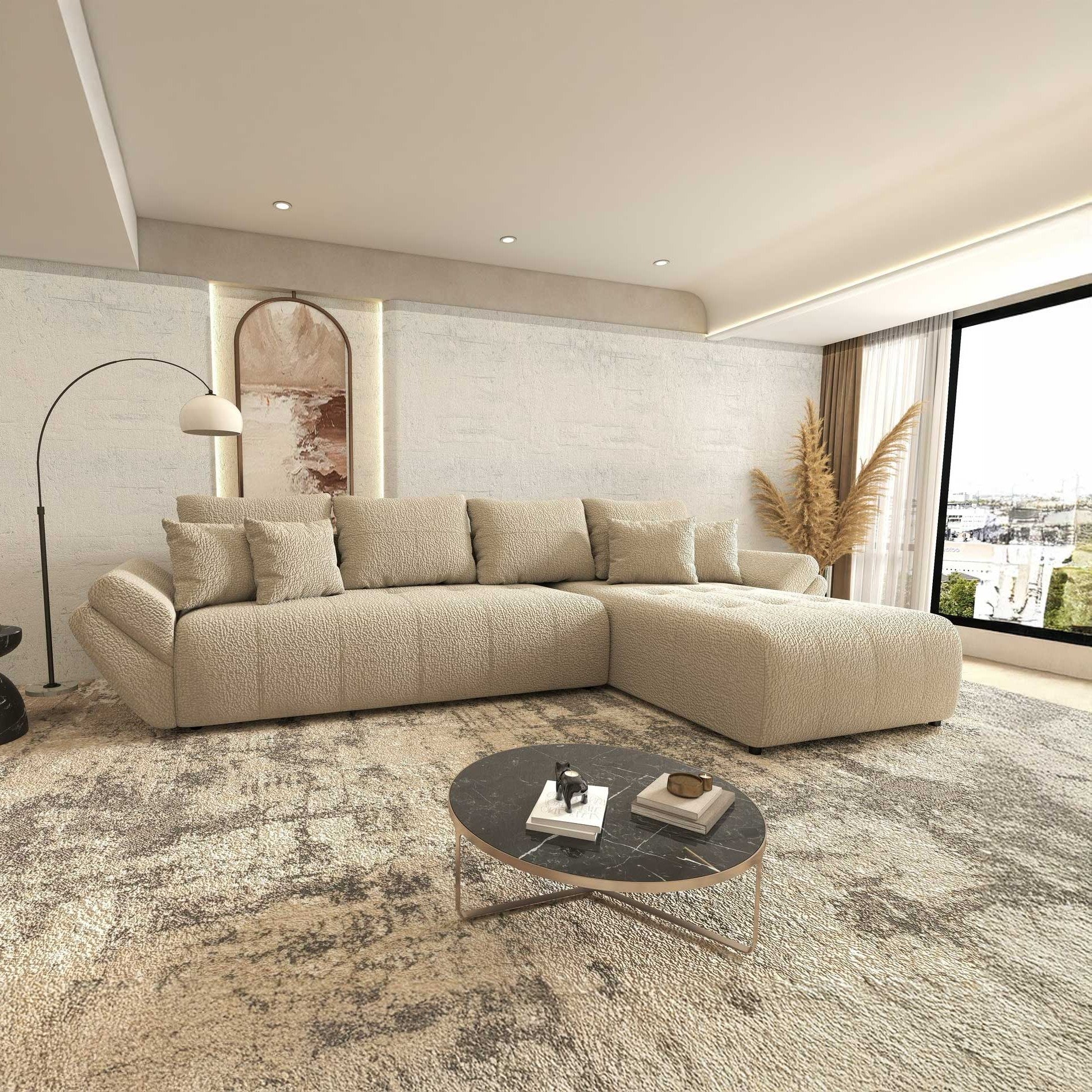 Colțar extensibil dumonde cu ladă de depozitare si sezut confortabil din spuma high-density, Berlin XL Jaguar Bej 4 II 350x185 cm