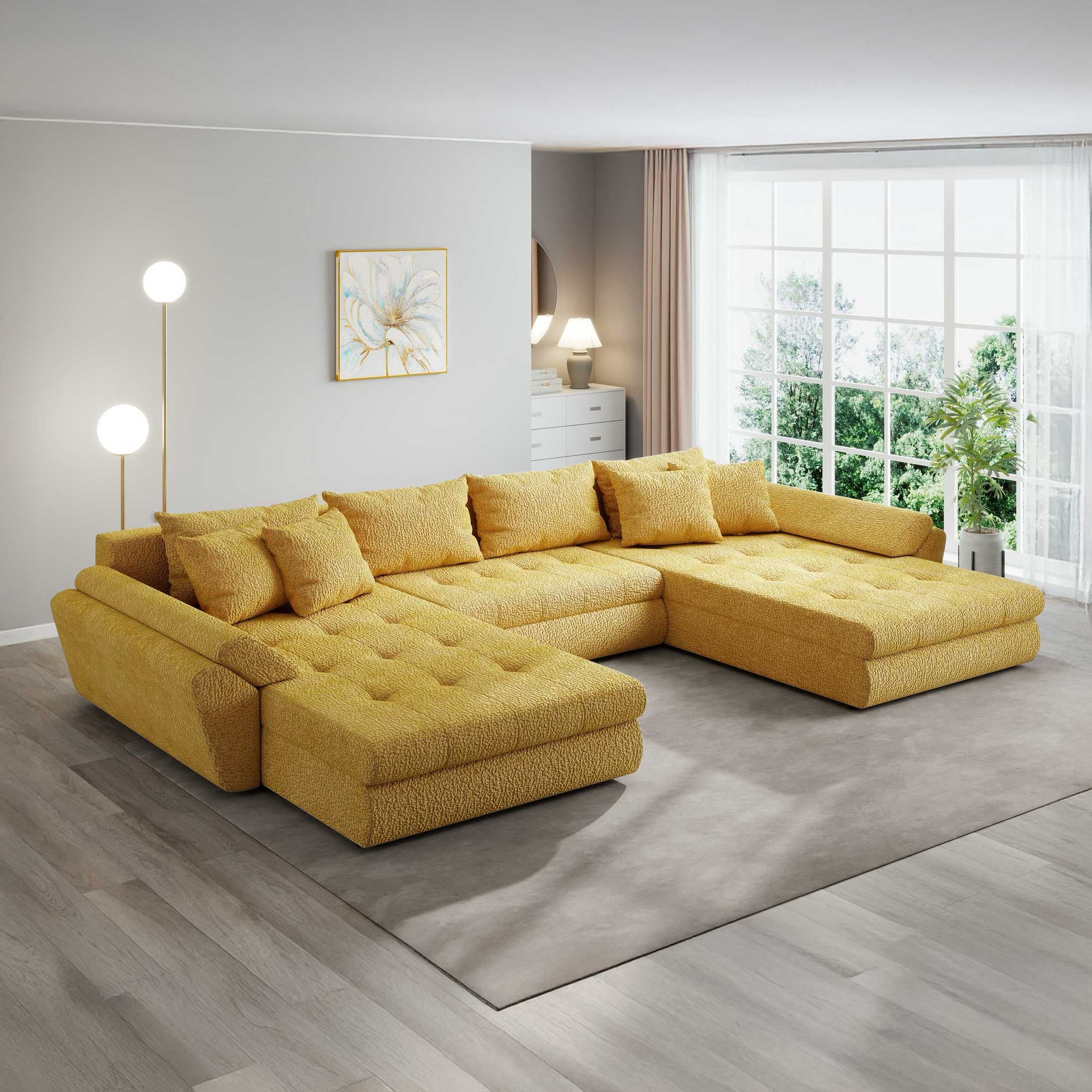 Colțar extensibil dumonde cu ladă de depozitare si sezut confortabil din spuma high-density, Loana U Jaguar Galben Mustar 11 355x185 cm