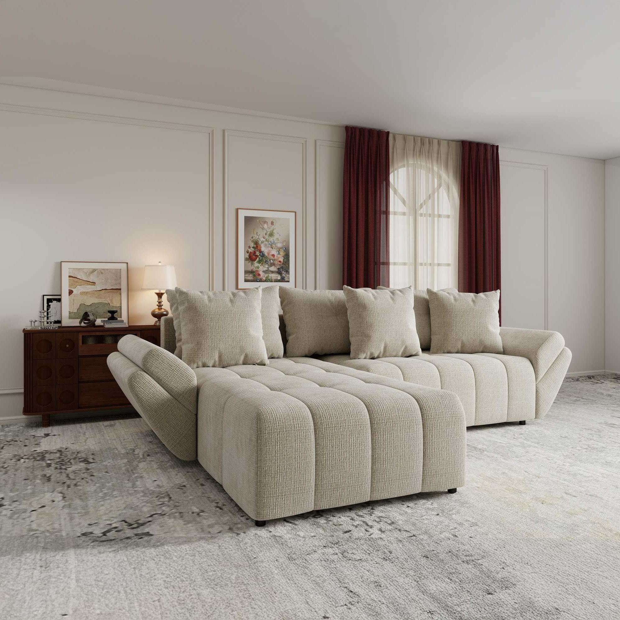 Colțar extensibil dumonde cu ladă de depozitare si sezut confortabil din spuma high-density, Berlin Cremona Gri Deschis 02 280x185 cm