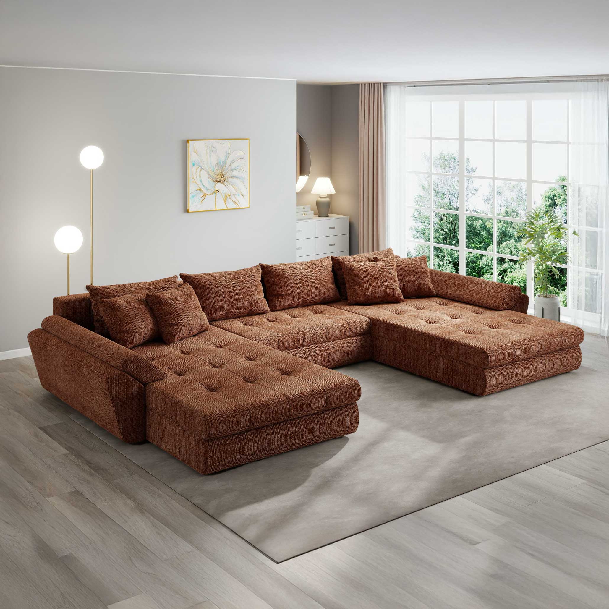 Colțar extensibil dumonde cu ladă de depozitare si sezut confortabil din spuma high-density, Loana U Cremona Teracota 52 355x185 cm