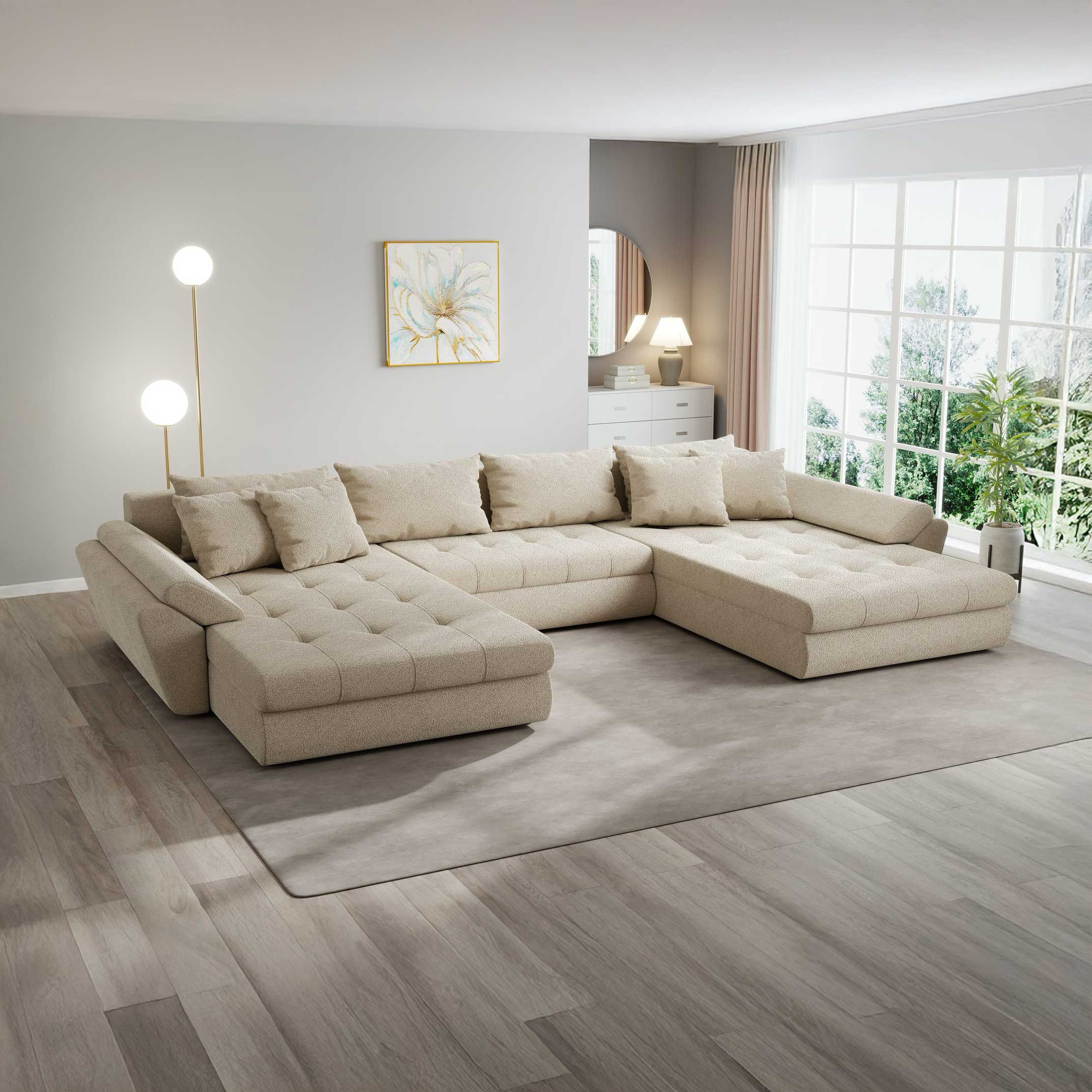 Colțar extensibil dumonde cu ladă de depozitare si sezut confortabil din spuma high-density, Loana U Quelle Bej 05 355x185 cm