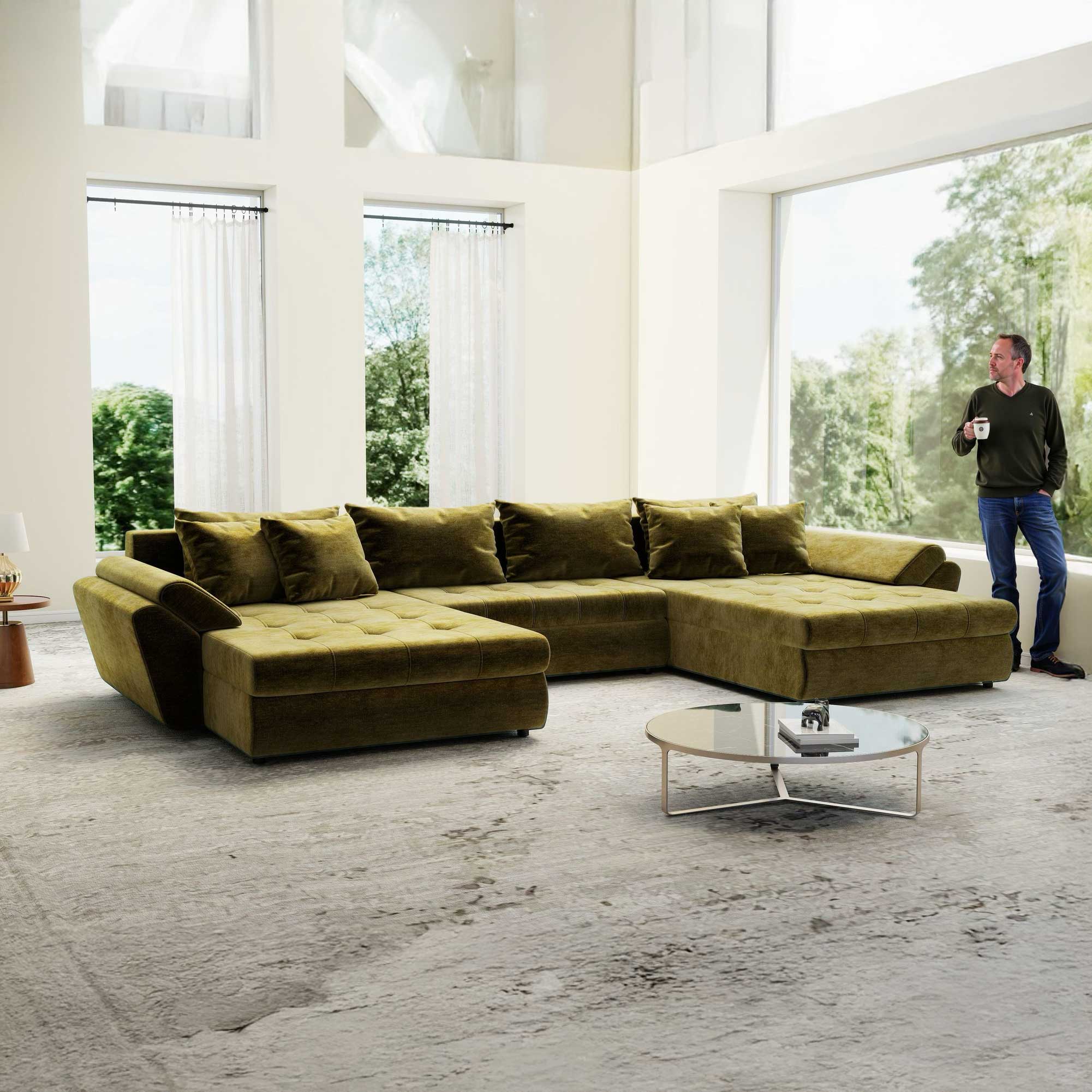 Colțar extensibil dumonde cu ladă de depozitare si sezut confortabil din spuma high-density, Loana U Monolith Verde Olive 38 355x185 cm