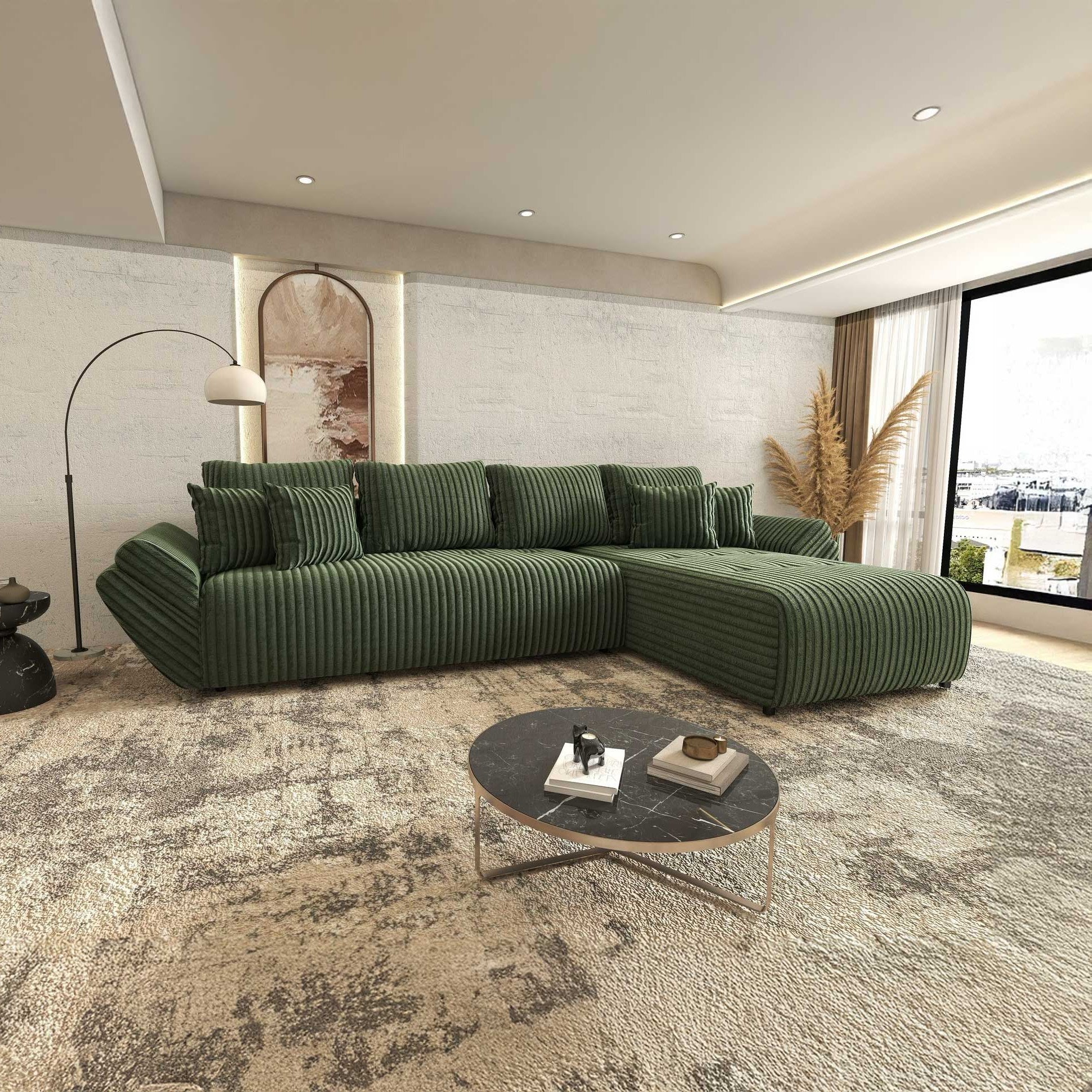Colțar extensibil dumonde cu ladă de depozitare si sezut confortabil din spuma high-density, Berlin XL Tilia Verde 39 II 350x185 cm