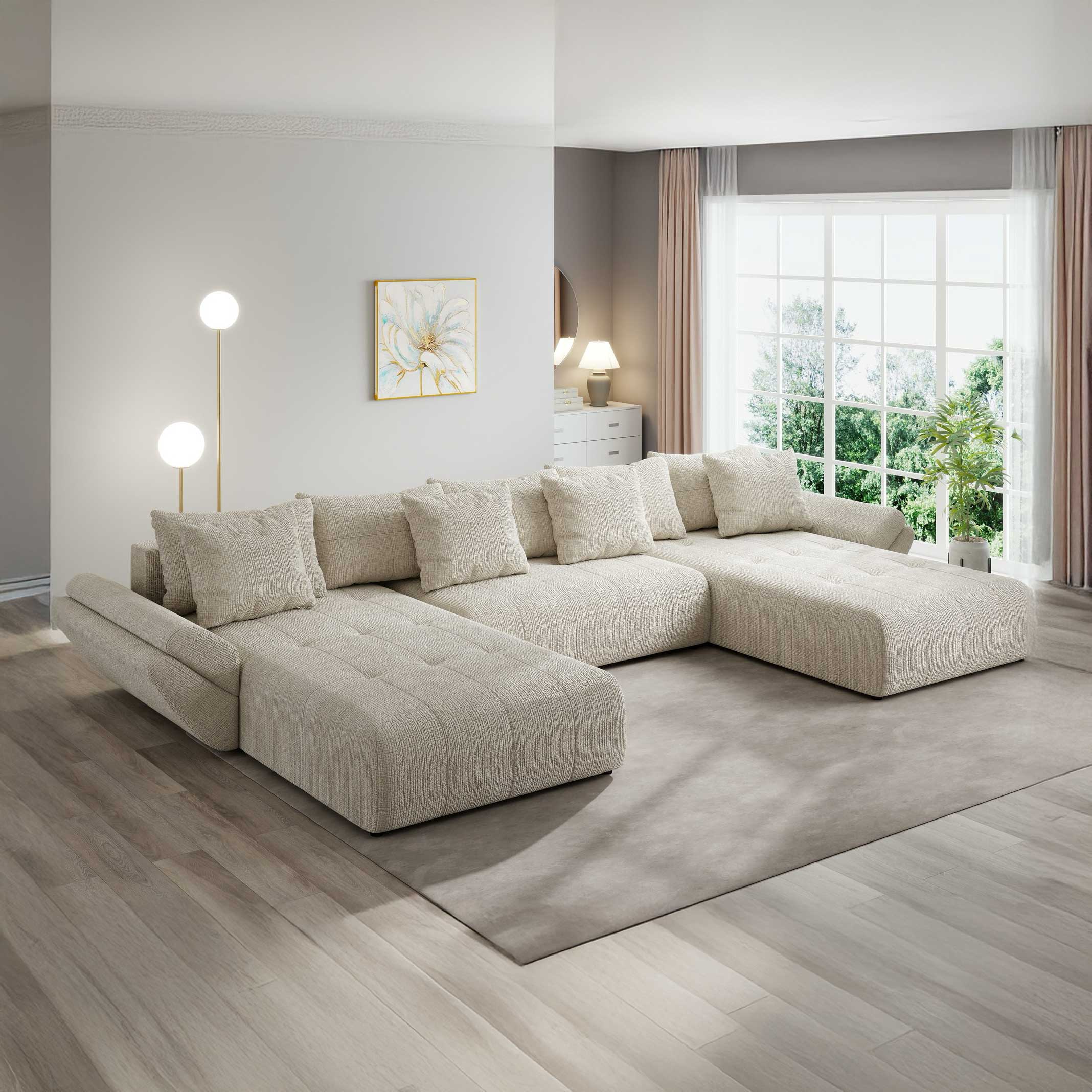 Colțar extensibil dumonde cu ladă de depozitare si sezut confortabil din spuma high-density, Berlin U Cremona Gri Deschis 02 380x180 cm