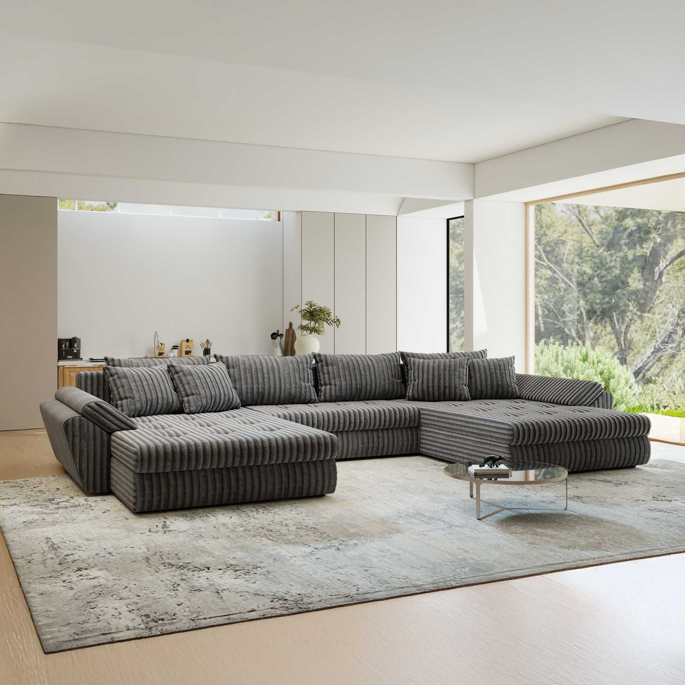 Colțar extensibil dumonde cu ladă de depozitare si sezut confortabil din spuma high-density, Loana U Tilia Gri 90 355x185 cm