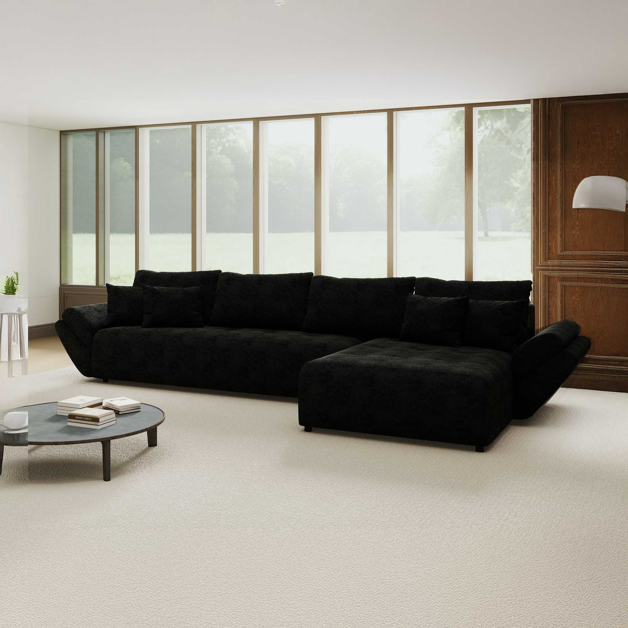 Colțar extensibil dumonde cu ladă de depozitare si sezut confortabil din spuma high-density, Berlin XL Quelle Negru 100 II 350x185 cm