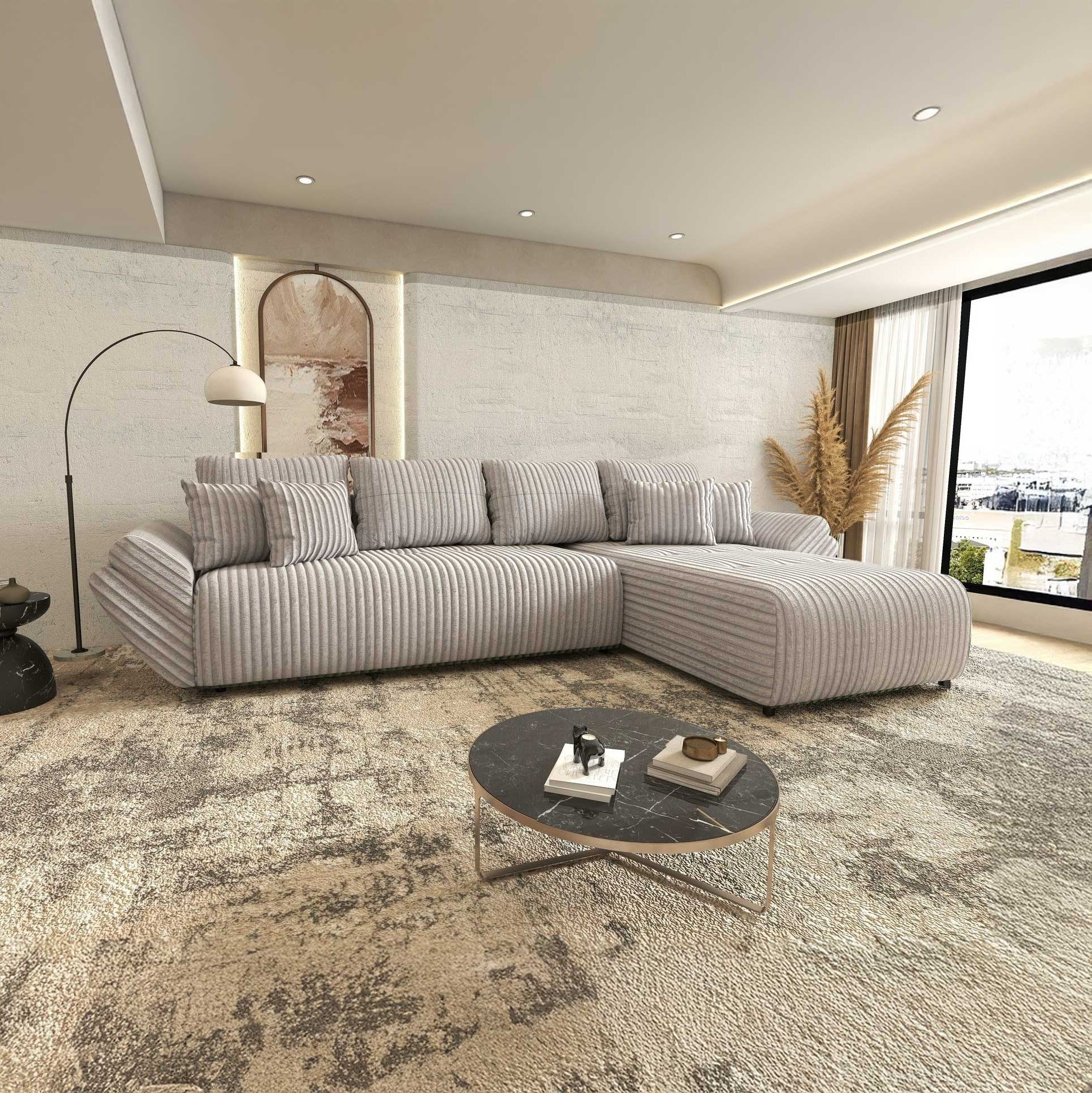 Colțar extensibil dumonde cu ladă de depozitare si sezut confortabil din spuma high-density, Berlin XL Tilia Gri 86 II 350x185 cm