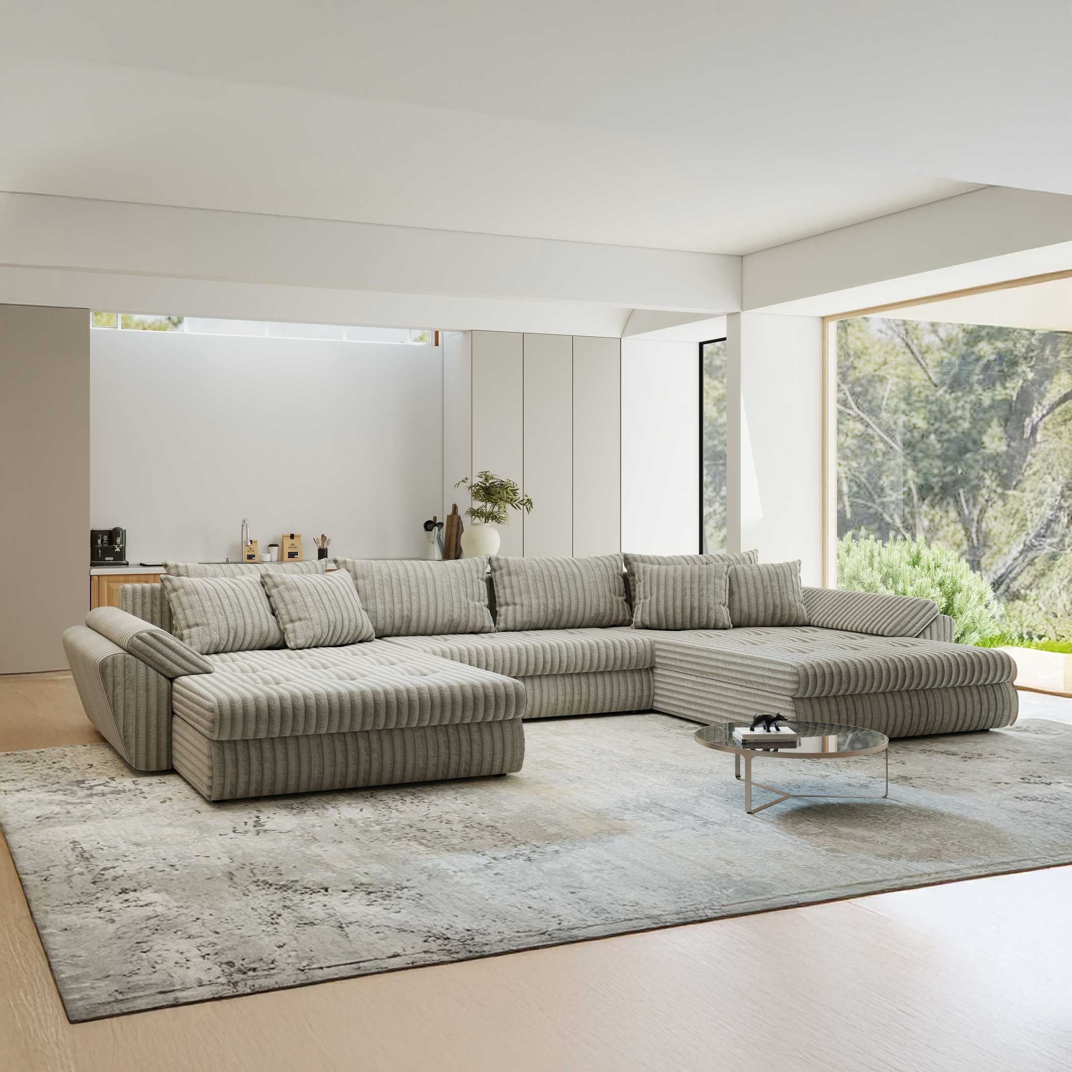 Colțar extensibil dumonde cu ladă de depozitare si sezut confortabil din spuma high-density, Loana U Tilia Gri- Bej 11 355x185 cm