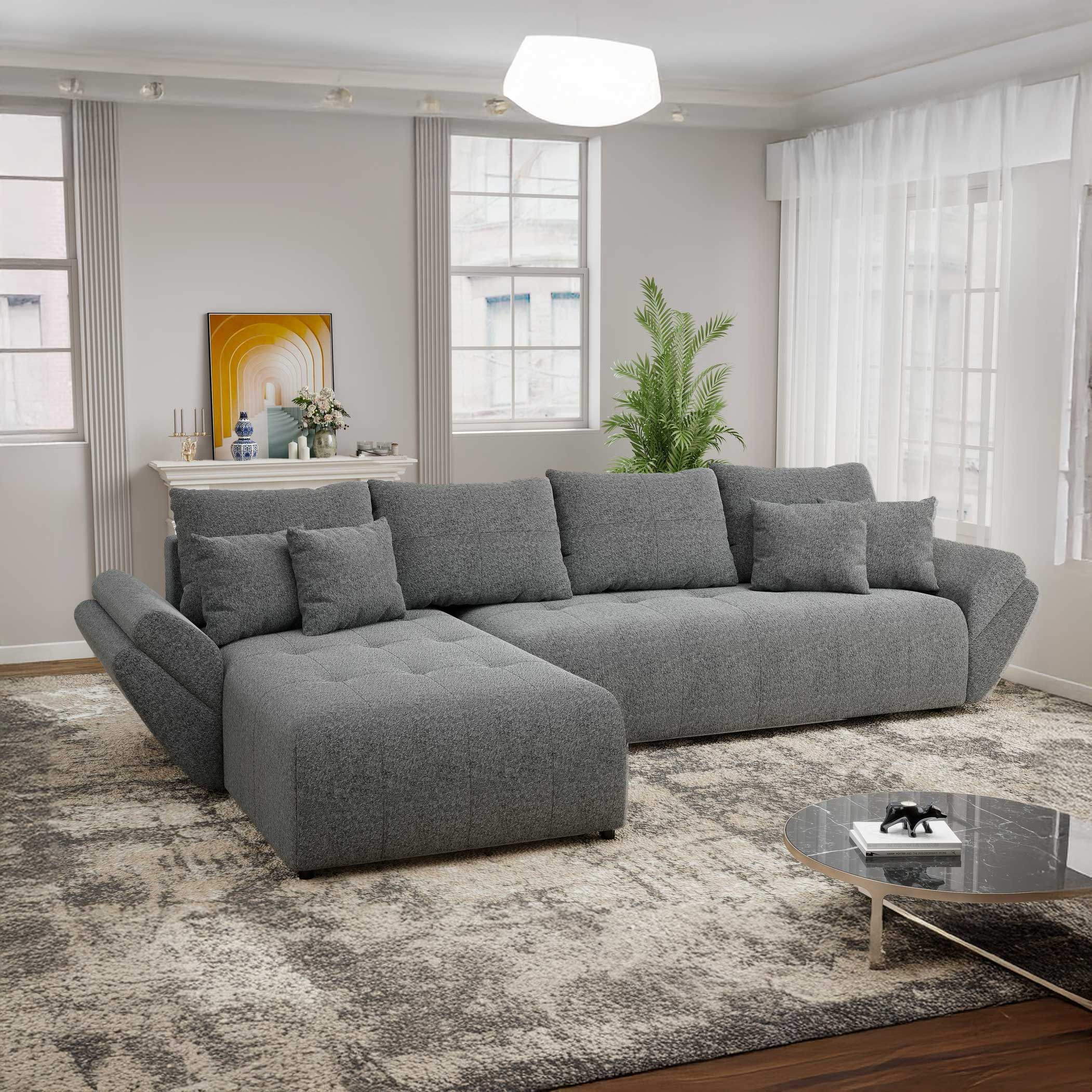 Colțar extensibil dumonde cu ladă de depozitare si sezut confortabil din spuma high-density, Berlin XL Monte Gri 90 350x185 cm