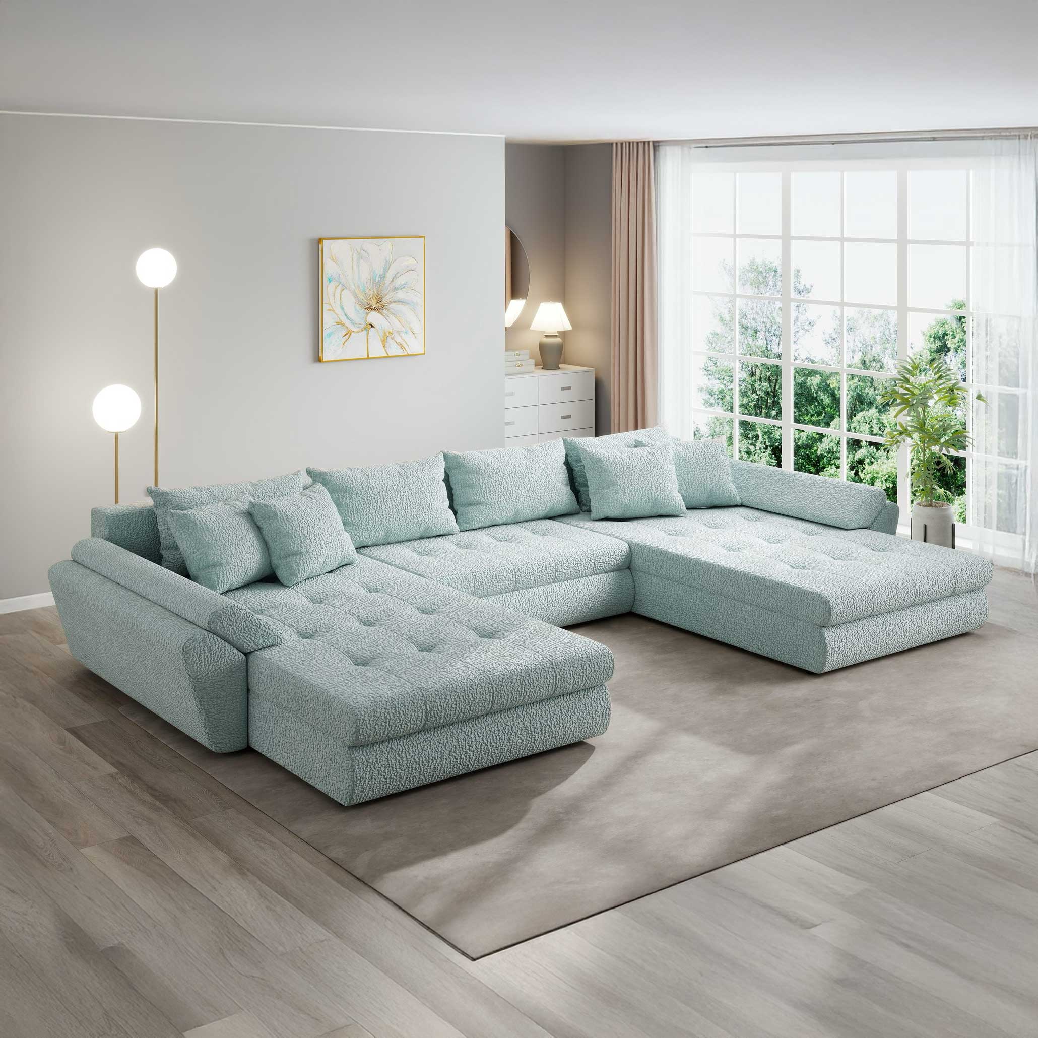 Colțar extensibil dumonde cu ladă de depozitare si sezut confortabil din spuma high-density, Loana U Jaguar Verde Mint 16 355x185 cm