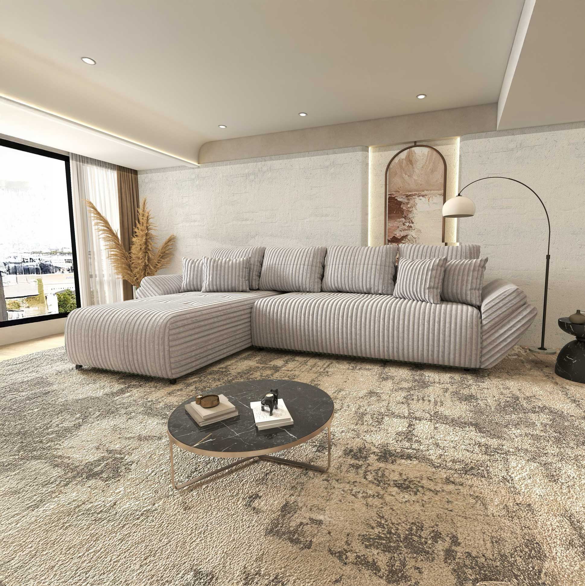 Colțar extensibil dumonde cu ladă de depozitare si sezut confortabil din spuma high-density, Berlin XL Tilia Gri 86 350x185 cm