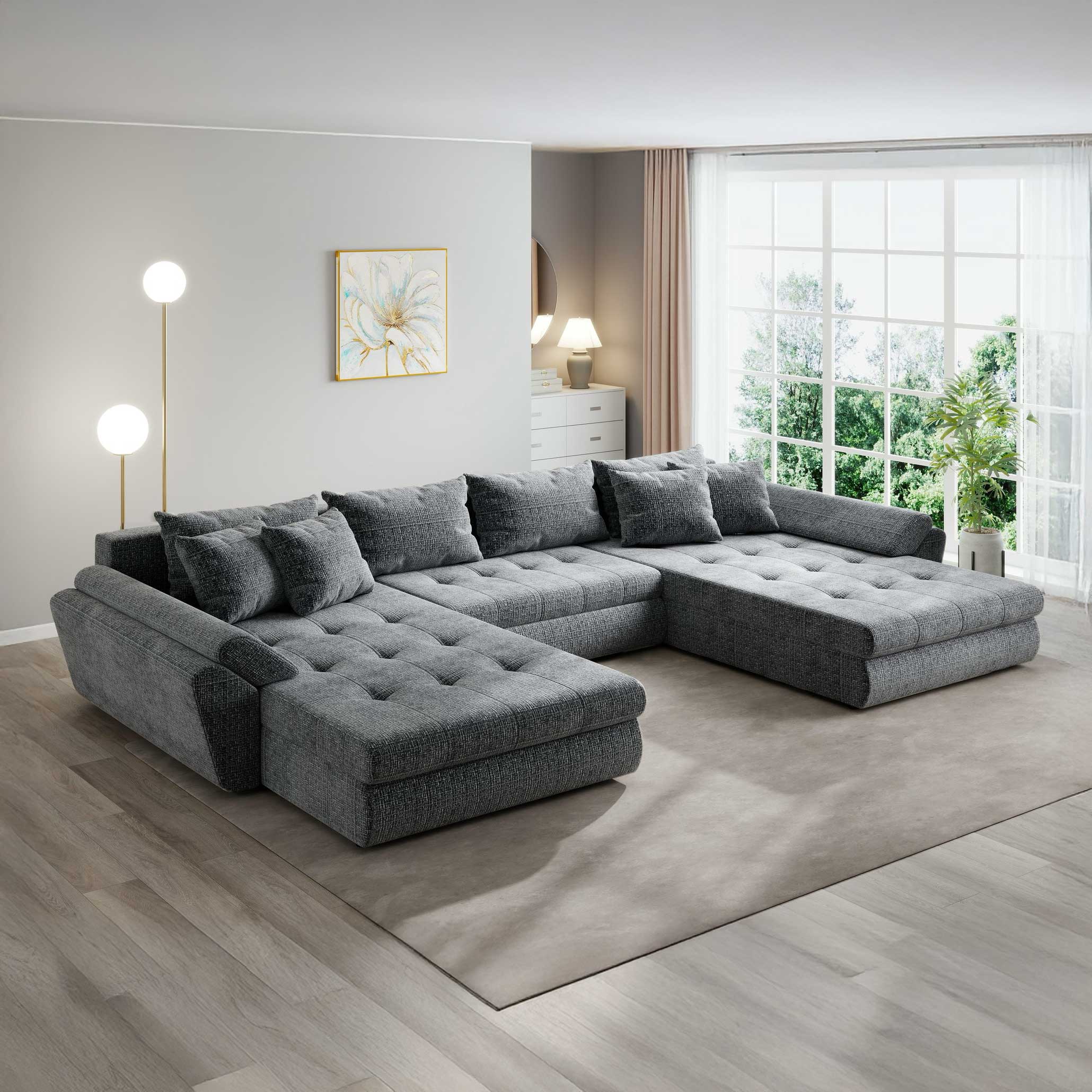 Colțar extensibil dumonde cu ladă de depozitare si sezut confortabil din spuma high-density, Loana U Cremona Gri 95 355x185 cm