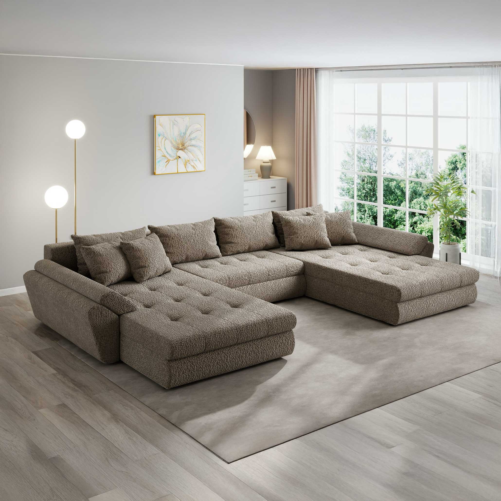 Colțar extensibil dumonde cu ladă de depozitare si sezut confortabil din spuma high-density, Loana U Jaguar Maro Cappuccino 8 355x185 cm