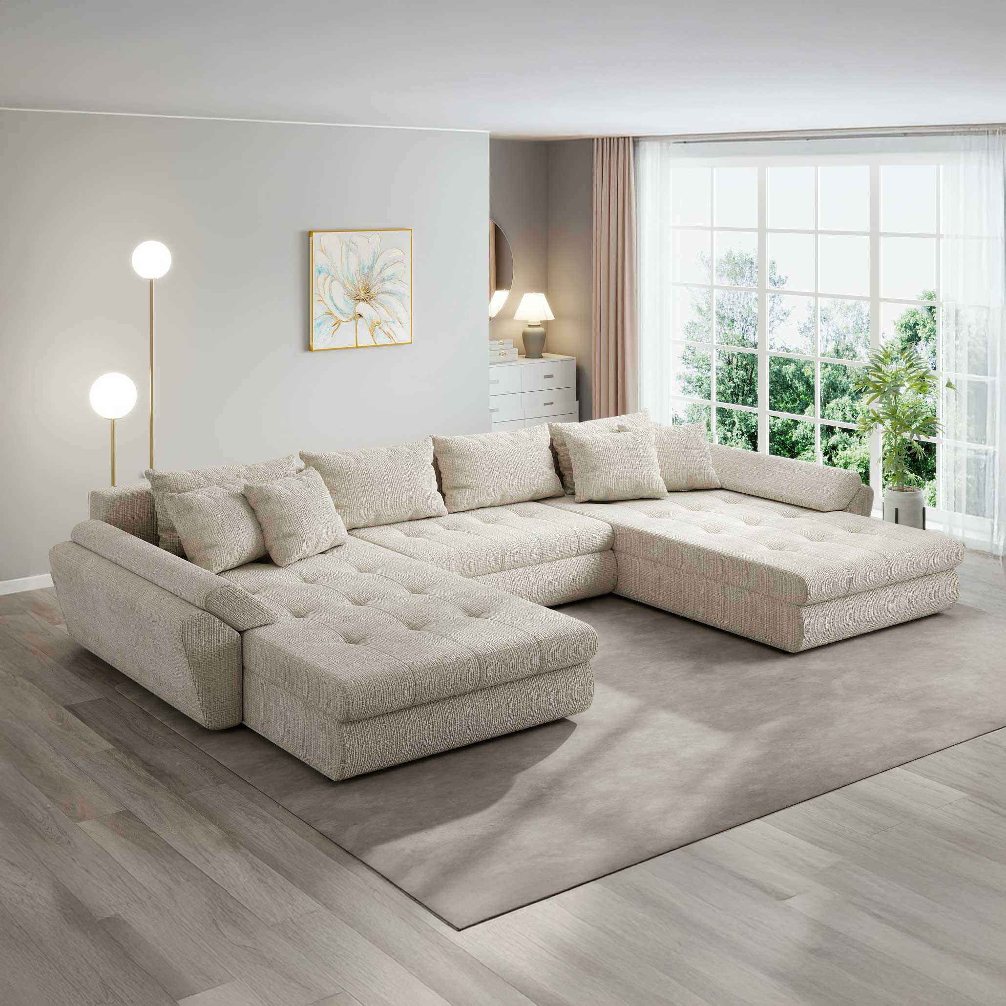 Colțar extensibil dumonde cu ladă de depozitare si sezut confortabil din spuma high-density, Loana U Cremona Gri Deschis 02 355x185 cm