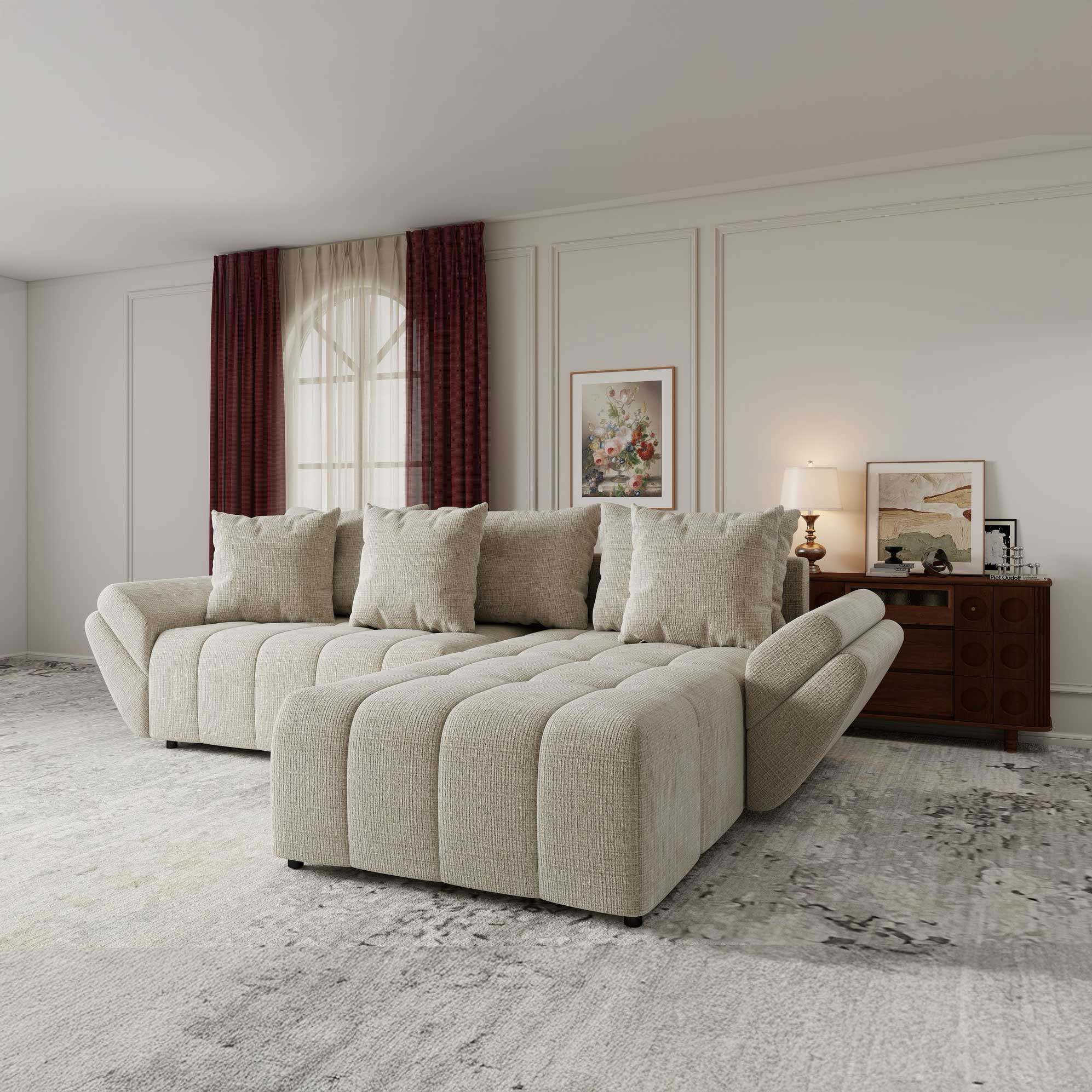Colțar extensibil dumonde cu ladă de depozitare si sezut confortabil din spuma high-density, Berlin Cremona Gri Deschis 02 II 280x185 cm
