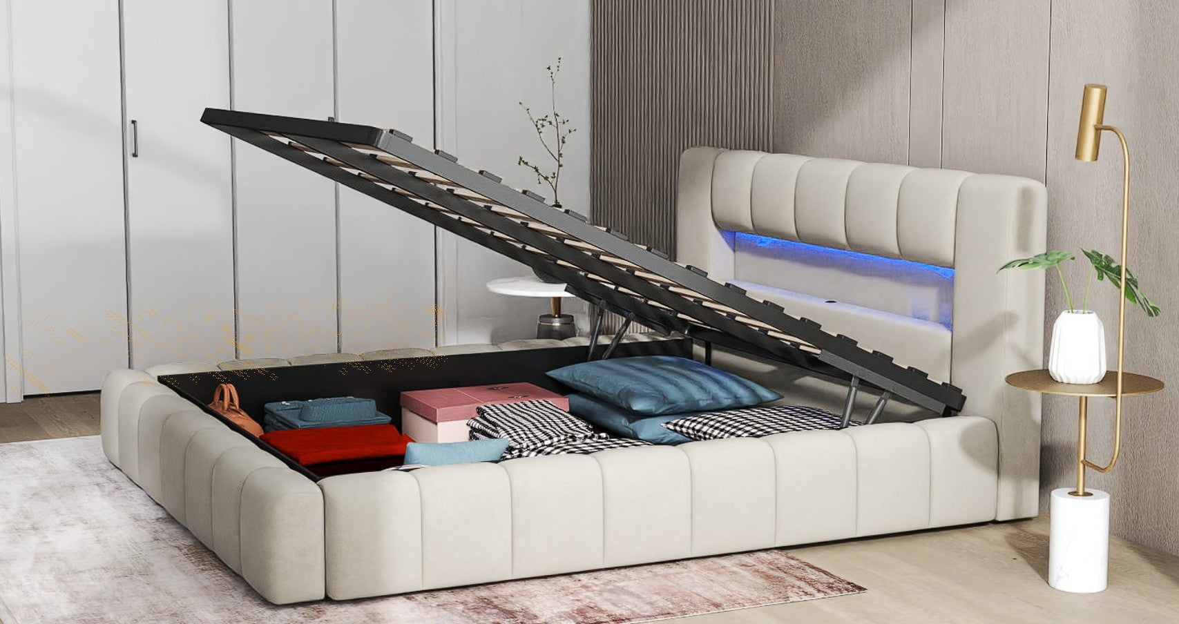 Pat dormitor dumonde, tapitat gri cu LED si USB, Palermo 140x200 cm, somiera rabatabila inclusa, spatiu depozitare WLS